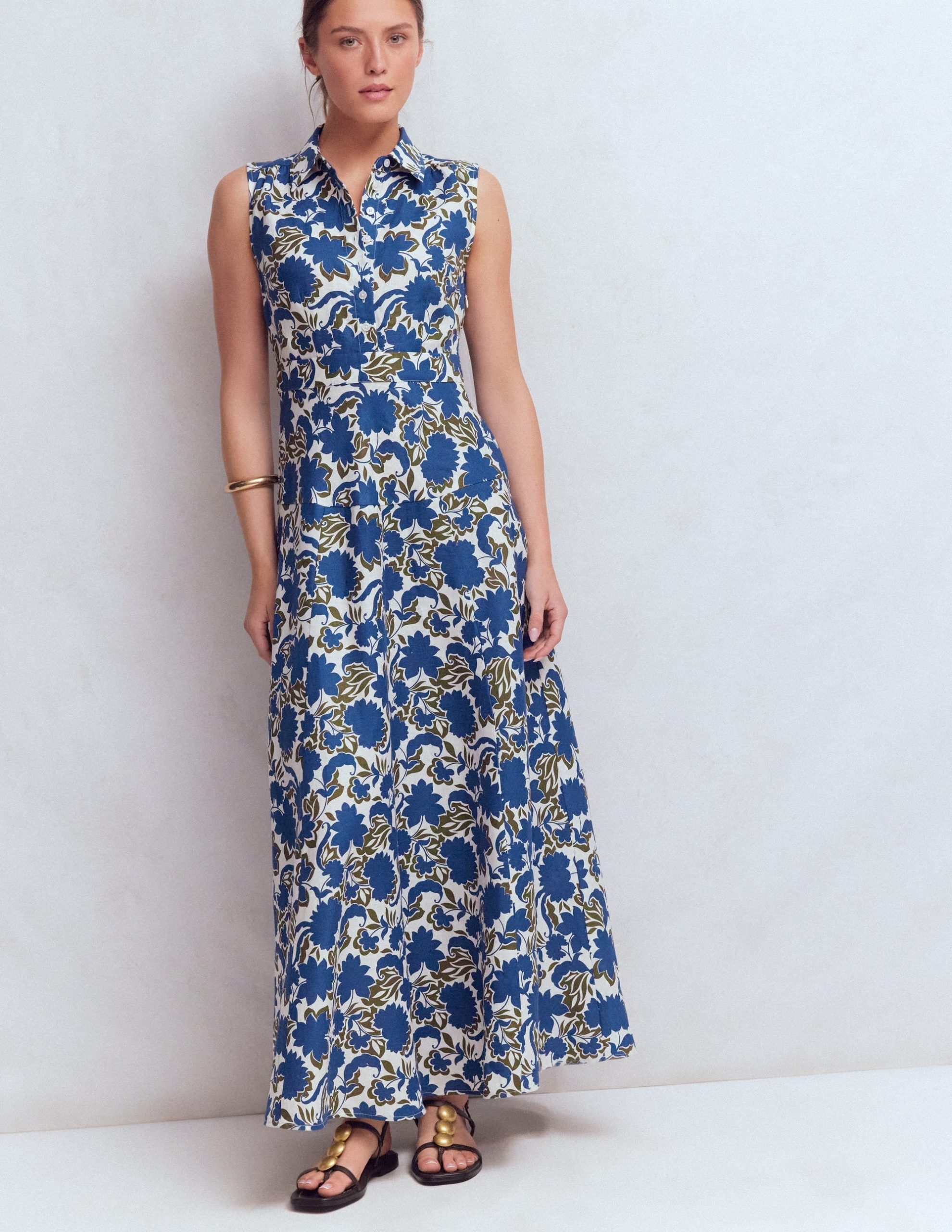 Erma Drop Waist Linen Dress-Blue Shadow Blossom - Image 4