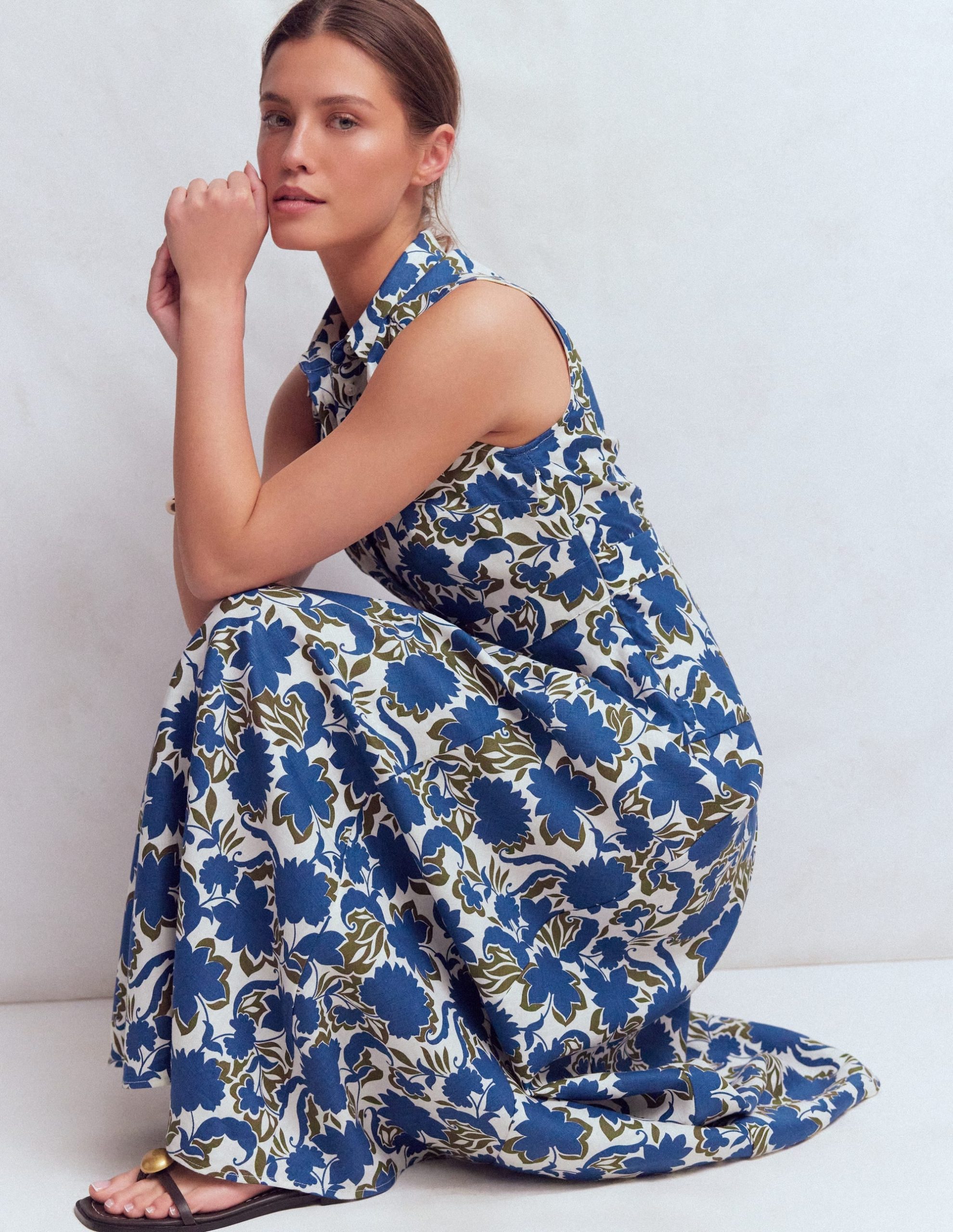 Erma Drop Waist Linen Dress-Blue Shadow Blossom - Image 5