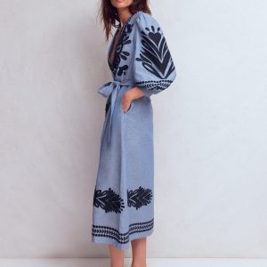 Octavia Linen Blend Dress-Embroidered Chambray