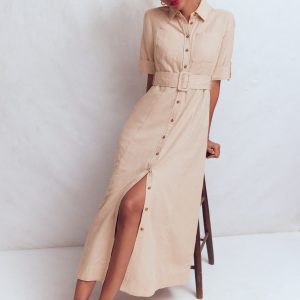 Ora Linen Blend Shirt Dress-Coffee