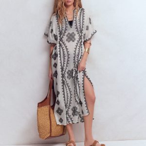 Side Tie Kaftan Dress-White Black Embroidered