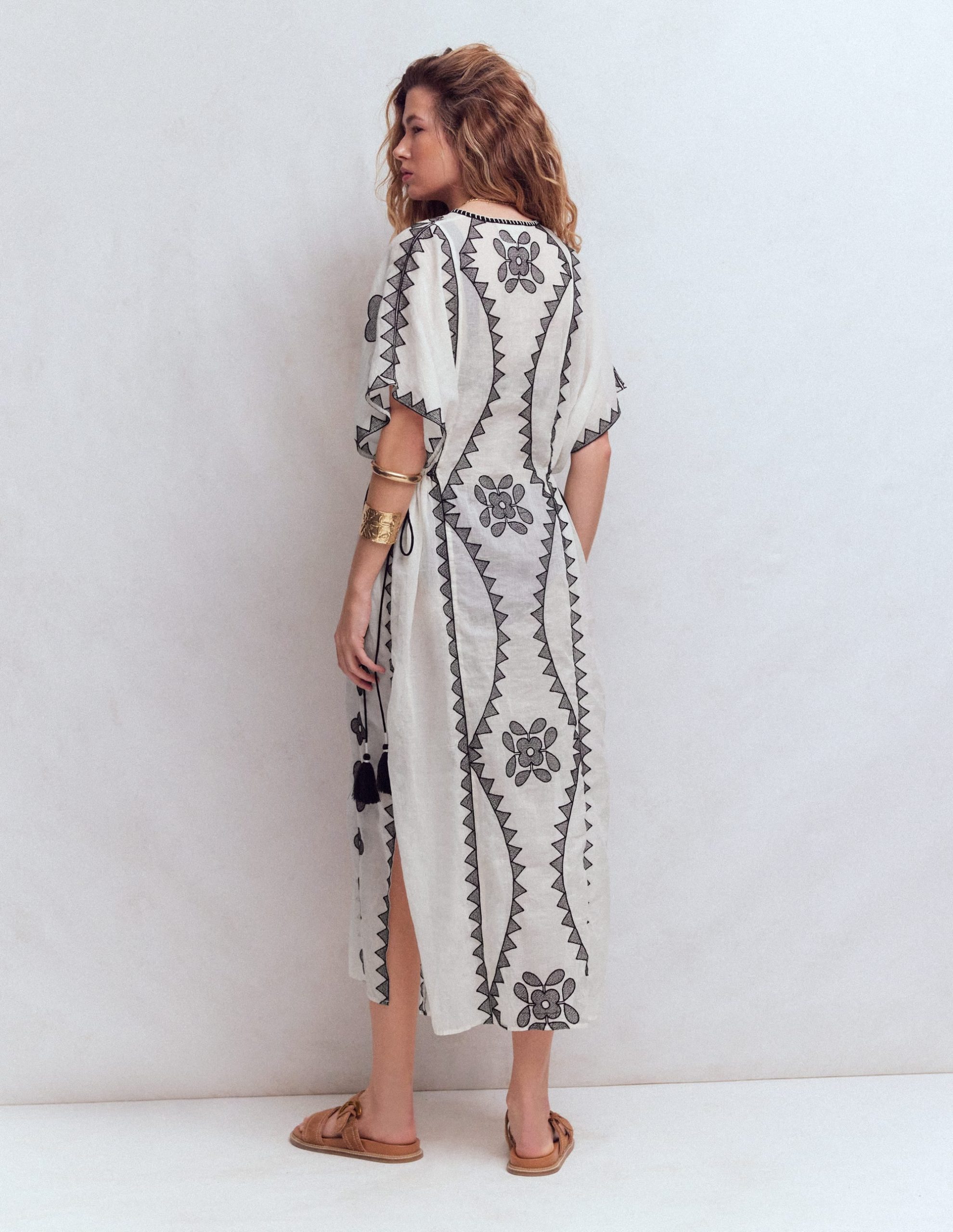 Side Tie Kaftan Dress-White Black Embroidered - Image 3