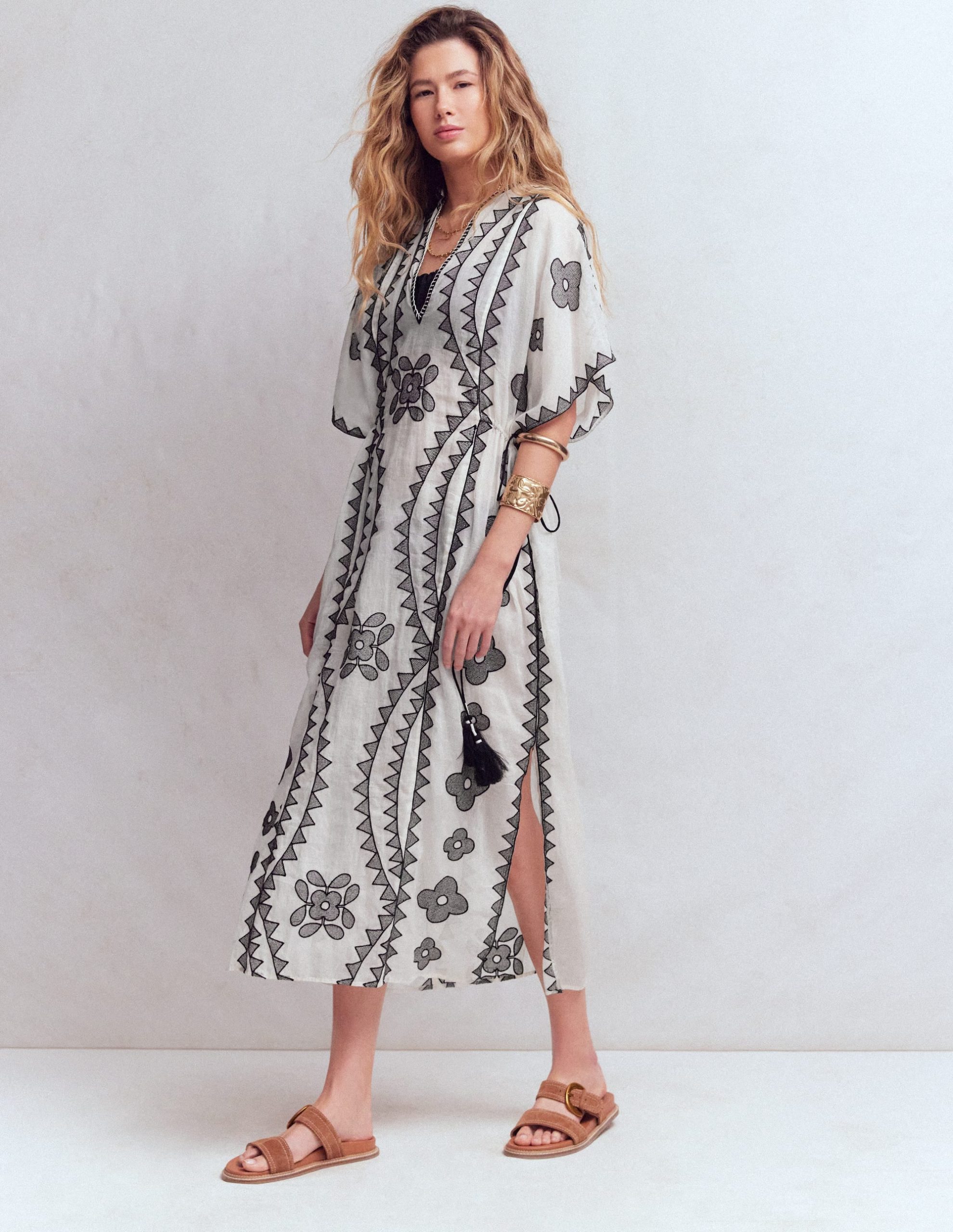 Side Tie Kaftan Dress-White Black Embroidered - Image 4