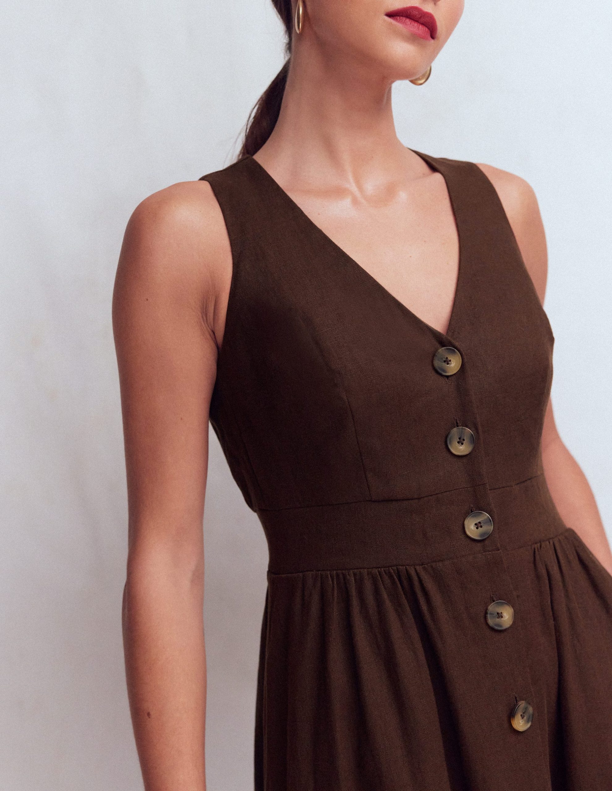 Catherine Button Linen Dress-Bitter Chocolate - Image 2