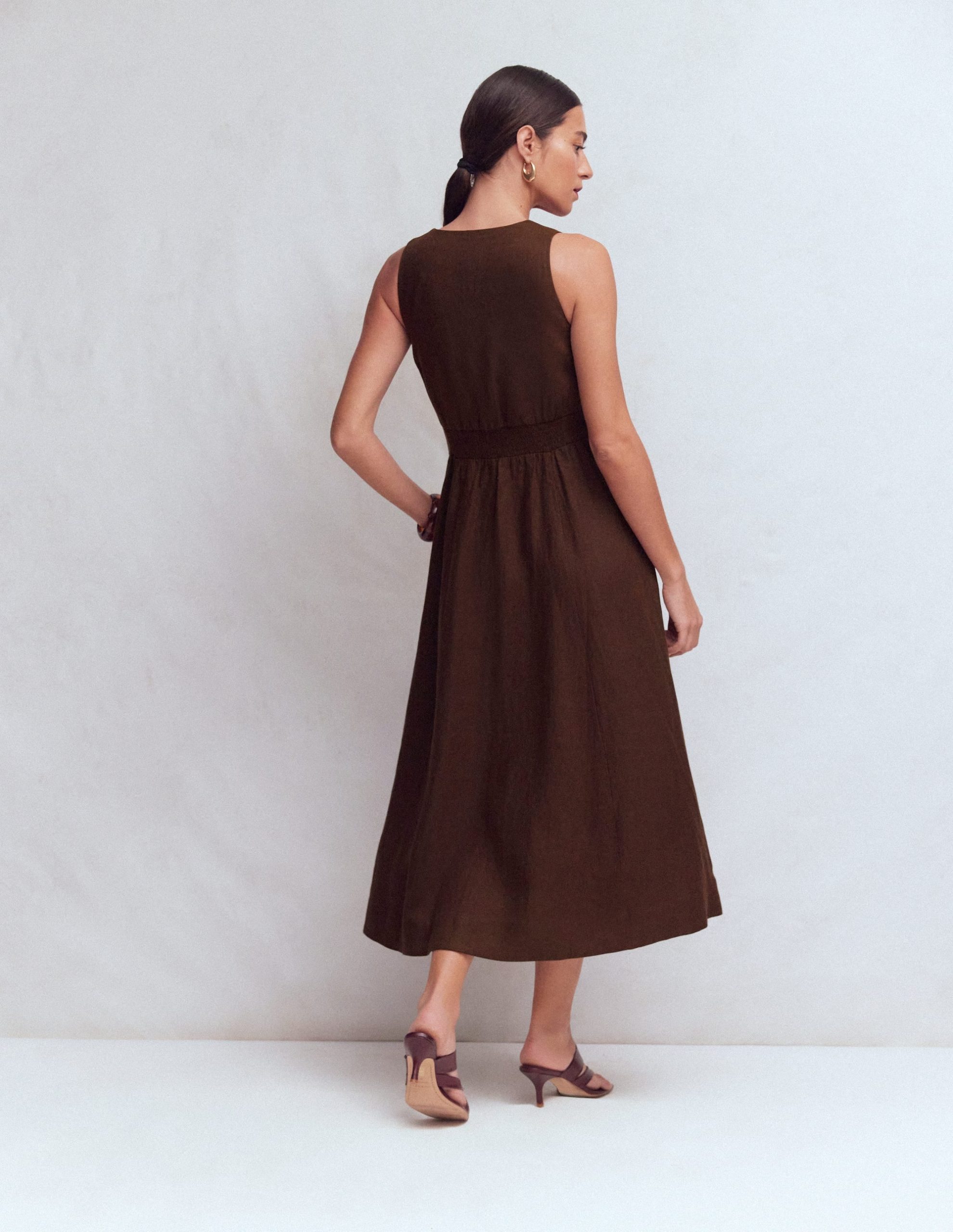 Catherine Button Linen Dress-Bitter Chocolate - Image 3