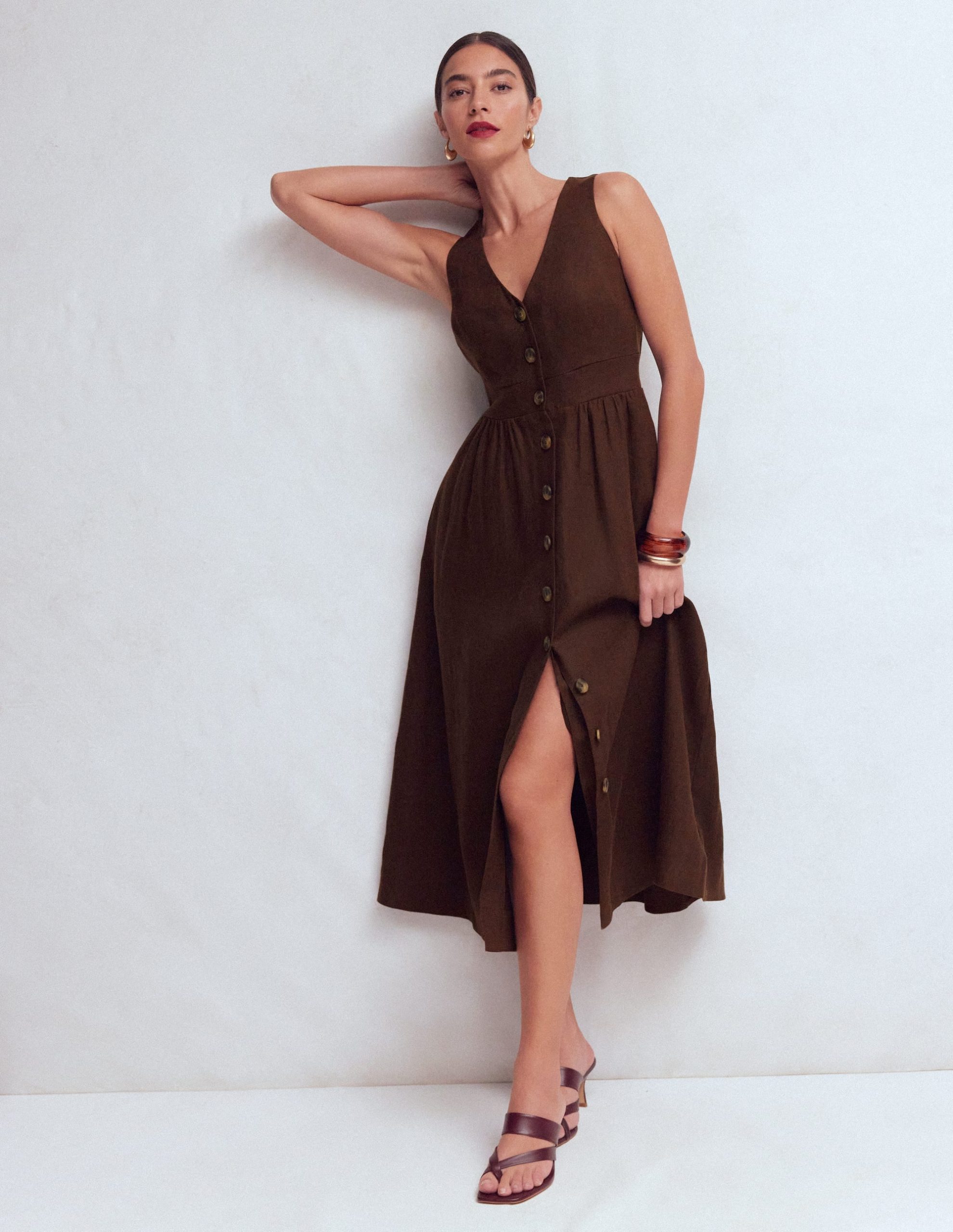 Catherine Button Linen Dress-Bitter Chocolate - Image 4