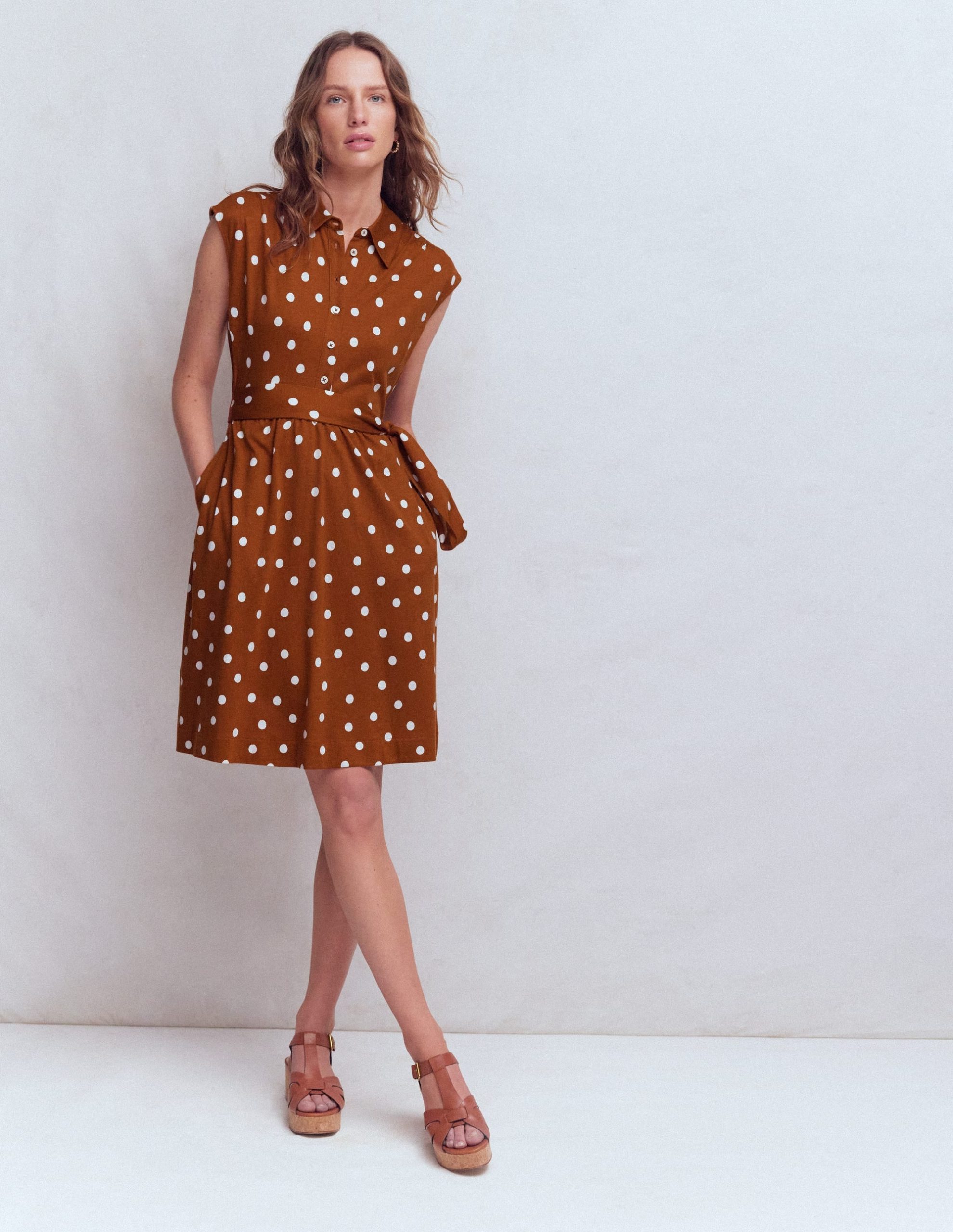Honor Short Jersey Shirt Dress-Cognac. Painted Dot Spaced