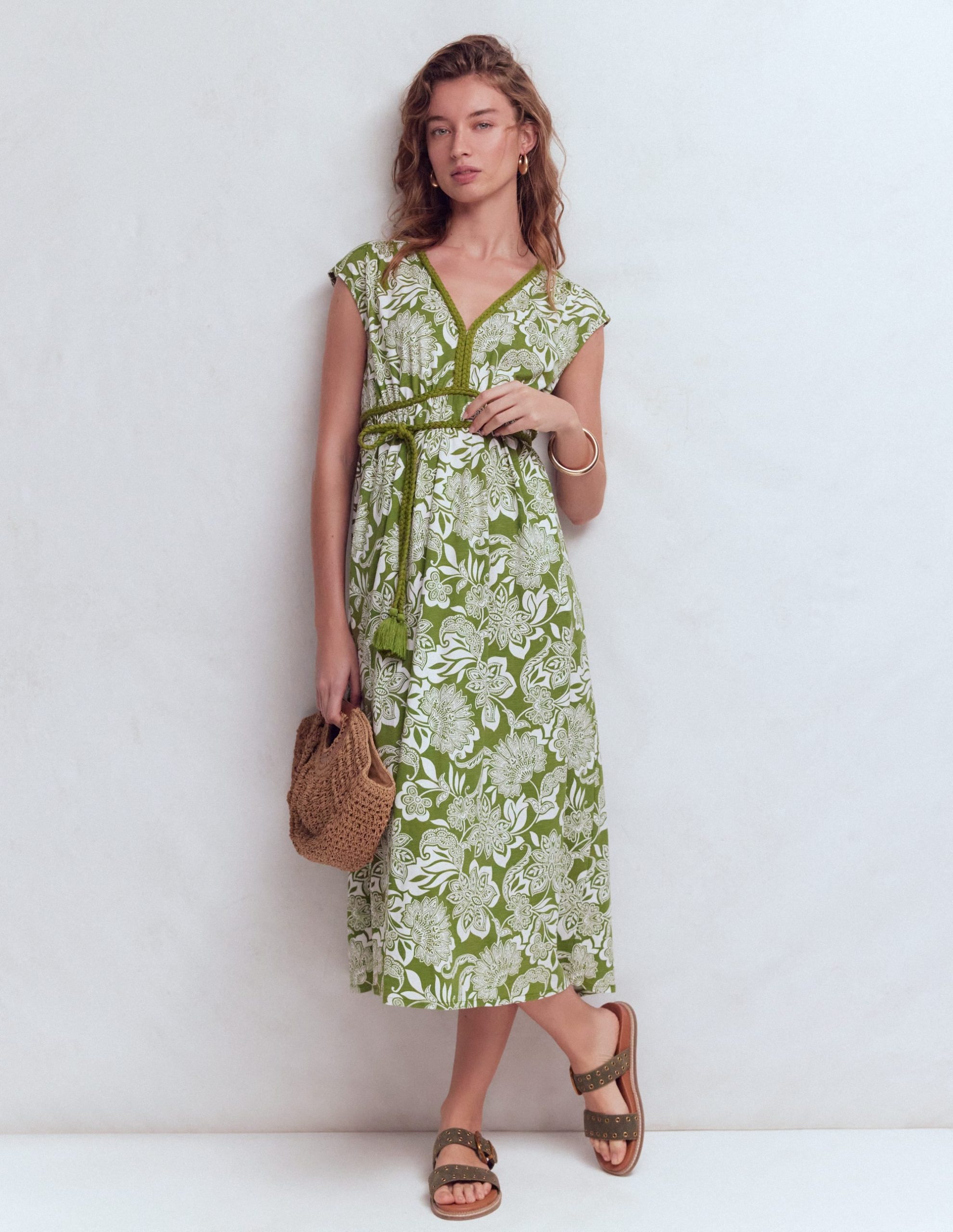 Heidi Ruched Rope Jersey Dress-Olive. Elegant Blossom
