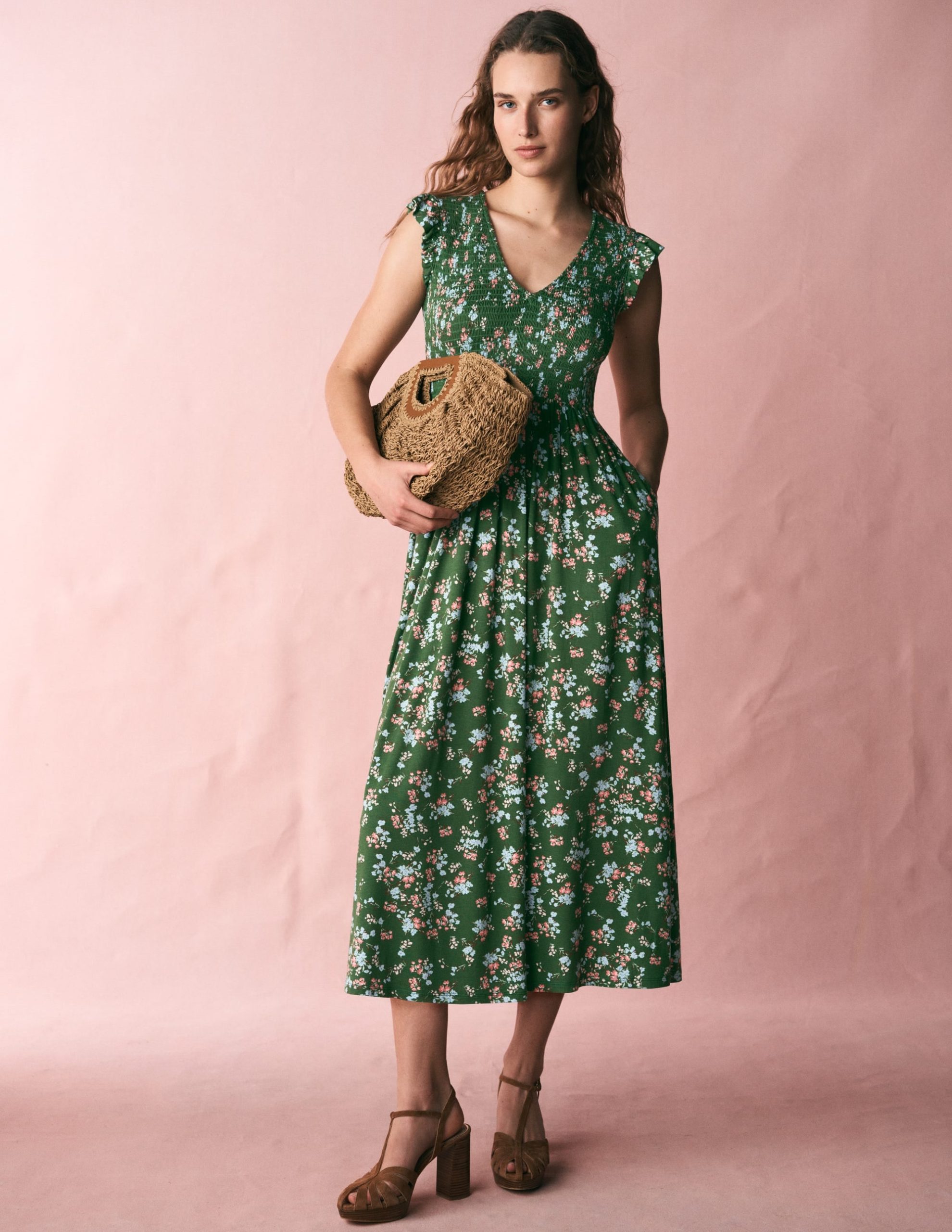 Smocked Jersey Midi Dress-Promenade Green. Bloom Scatter - Image 6