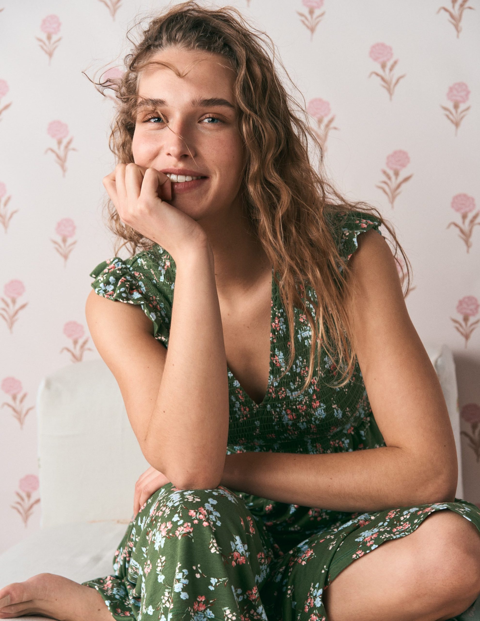 Smocked Jersey Midi Dress-Promenade Green. Bloom Scatter - Image 7