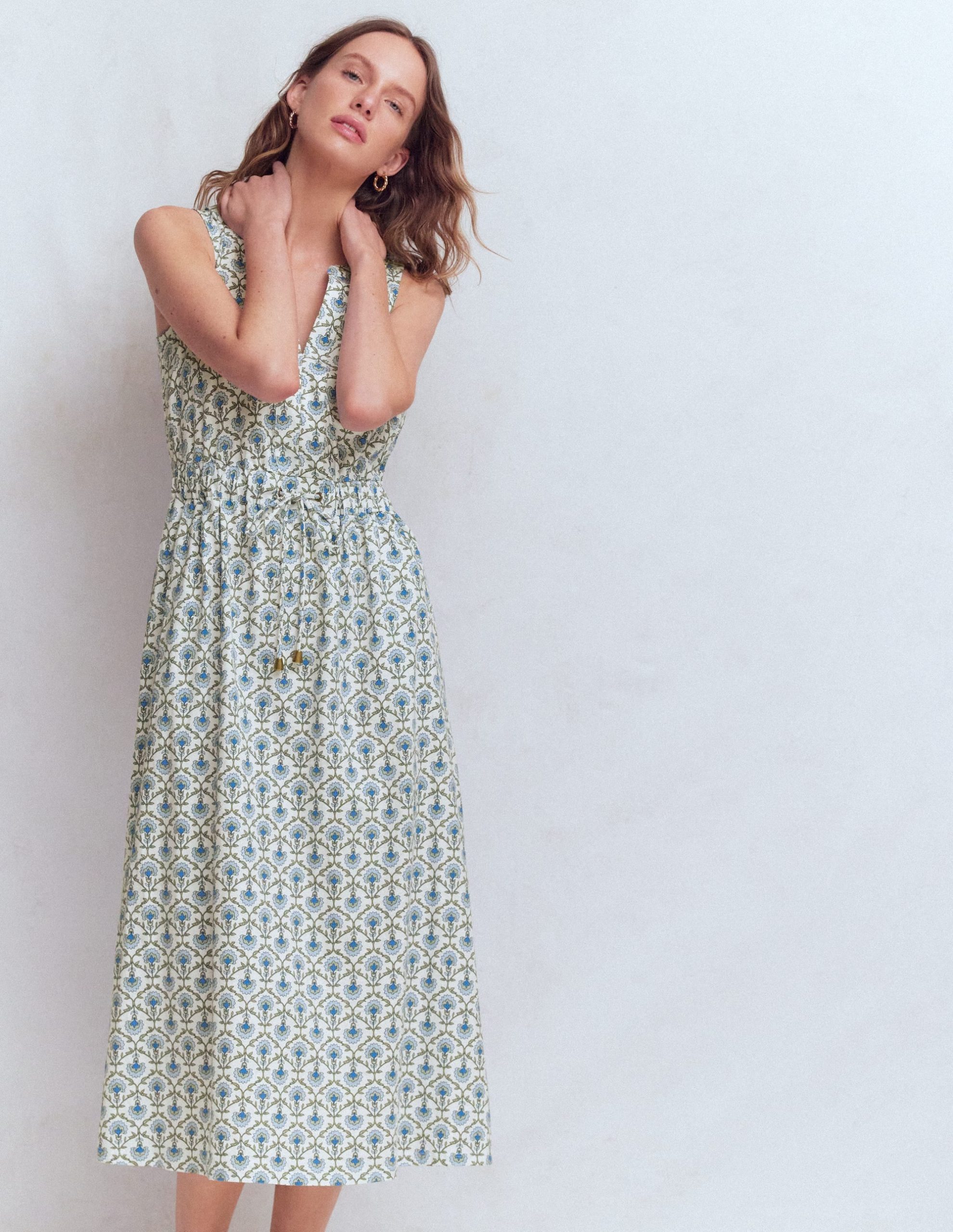 Delphine Midi Sleeveless Dress-Ivory. Flower Lattice