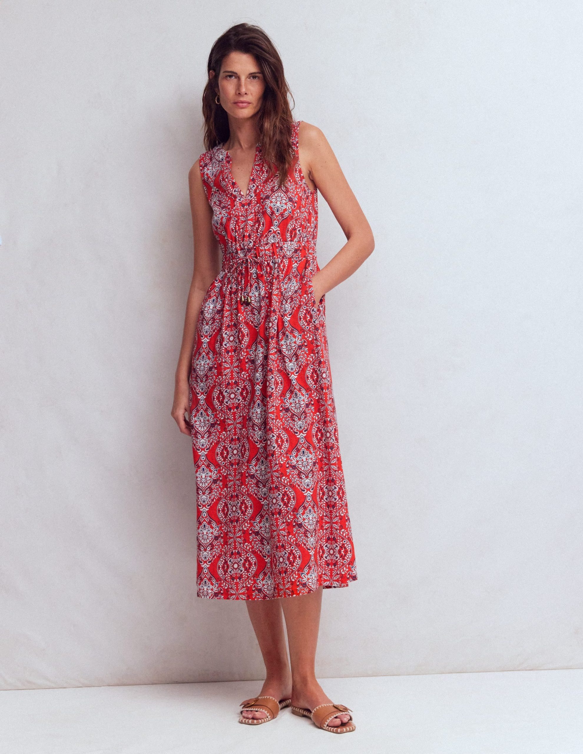 Delphine Midi Sleeveless Dress-Blood Orange. Gardenia
