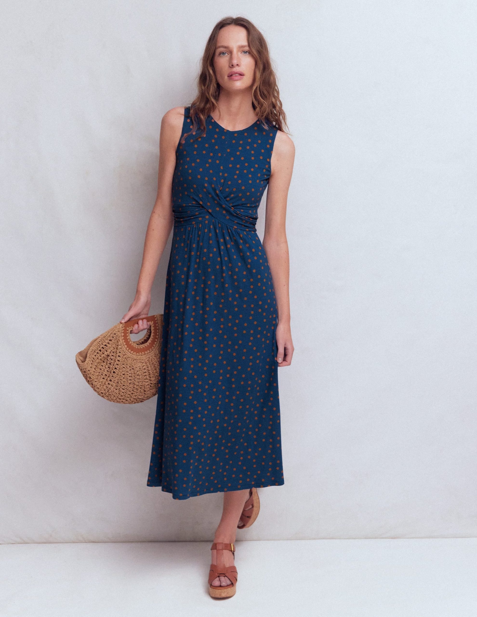Zara Cross Waist Jersey Dress-Tourmaline Blue. Painted Dot