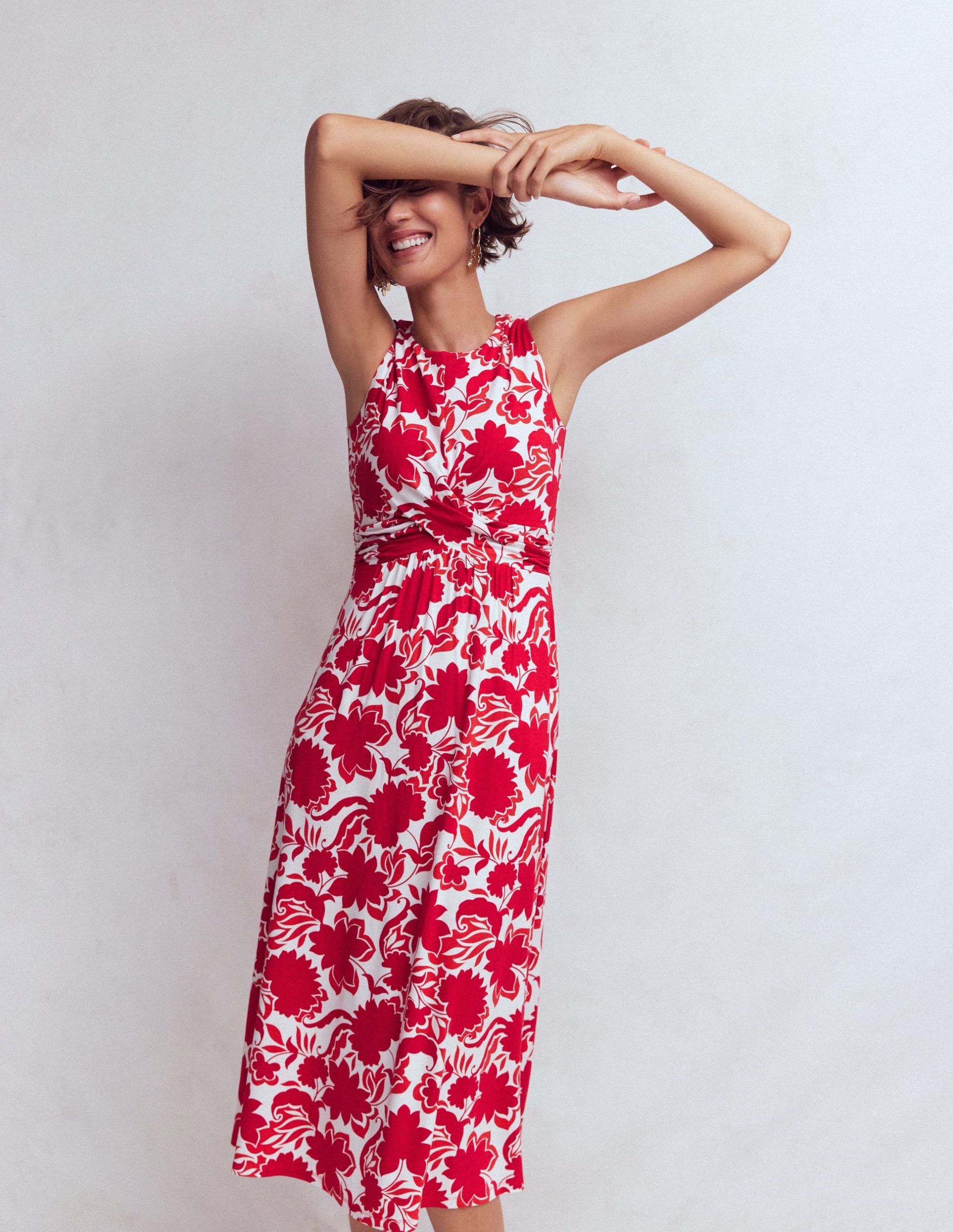 Zara Cross Waist Jersey Dress-Merida Red. Shadow Blossom