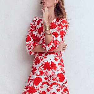 Marla Linen Blend Short Dress-Red Elegant Blossom