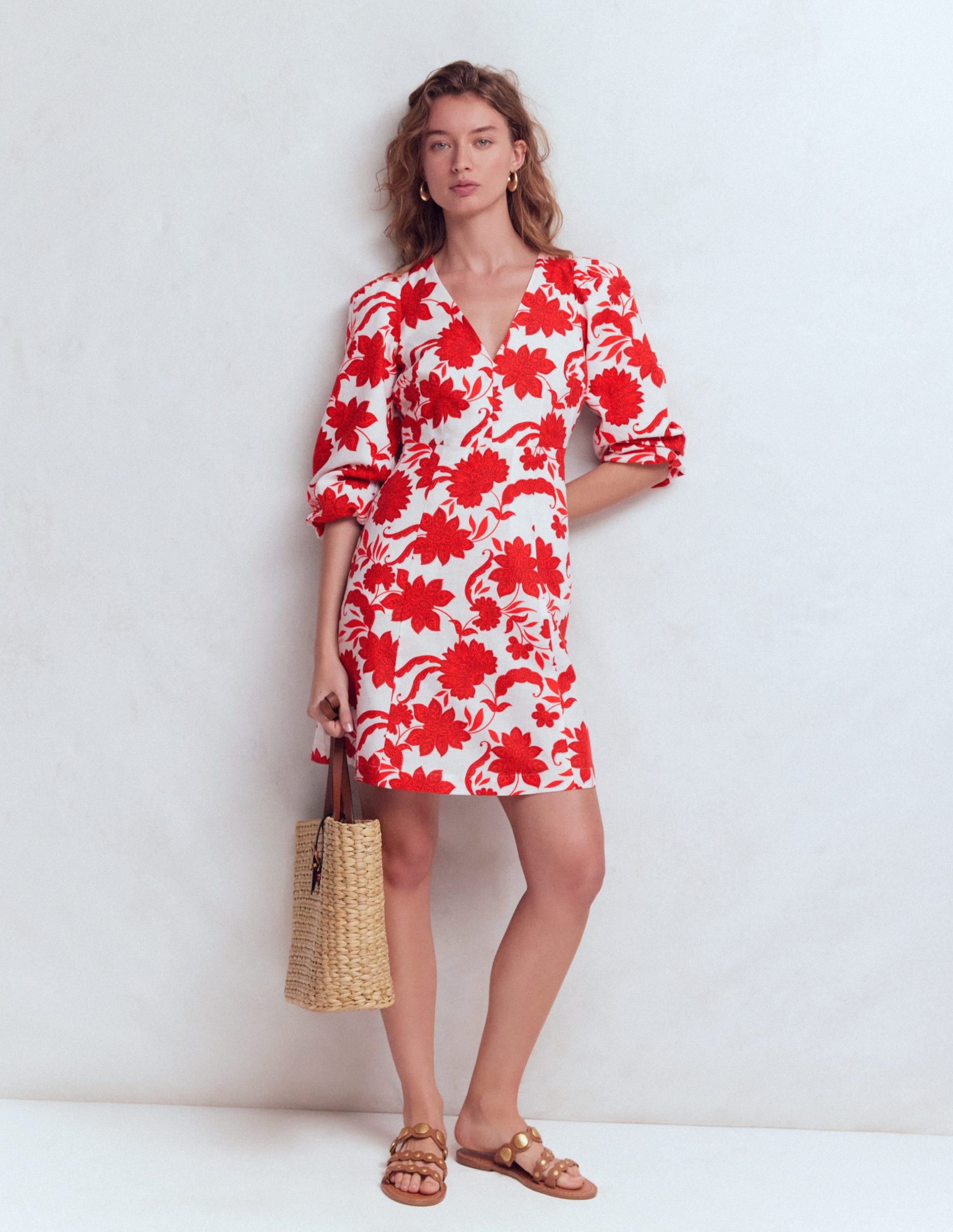 Marla Linen Blend Short Dress-Red Elegant Blossom - Image 4