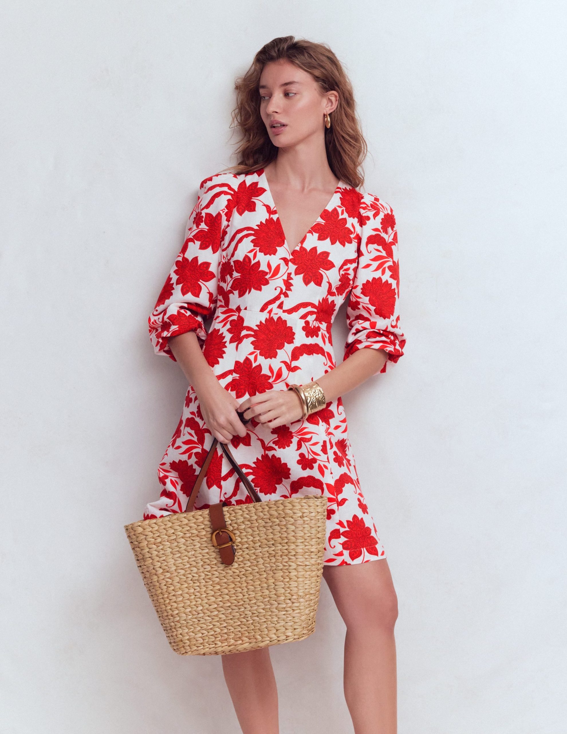 Marla Linen Blend Short Dress-Red Elegant Blossom - Image 5