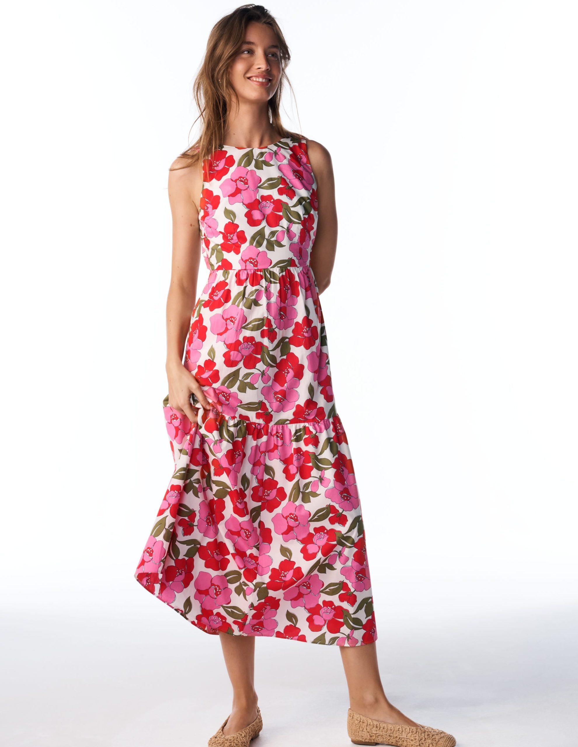 Sleeveless Poplin Dress-Red. Radiant Bloom