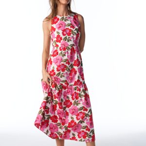 Sleeveless Poplin Dress-Red. Radiant Bloom