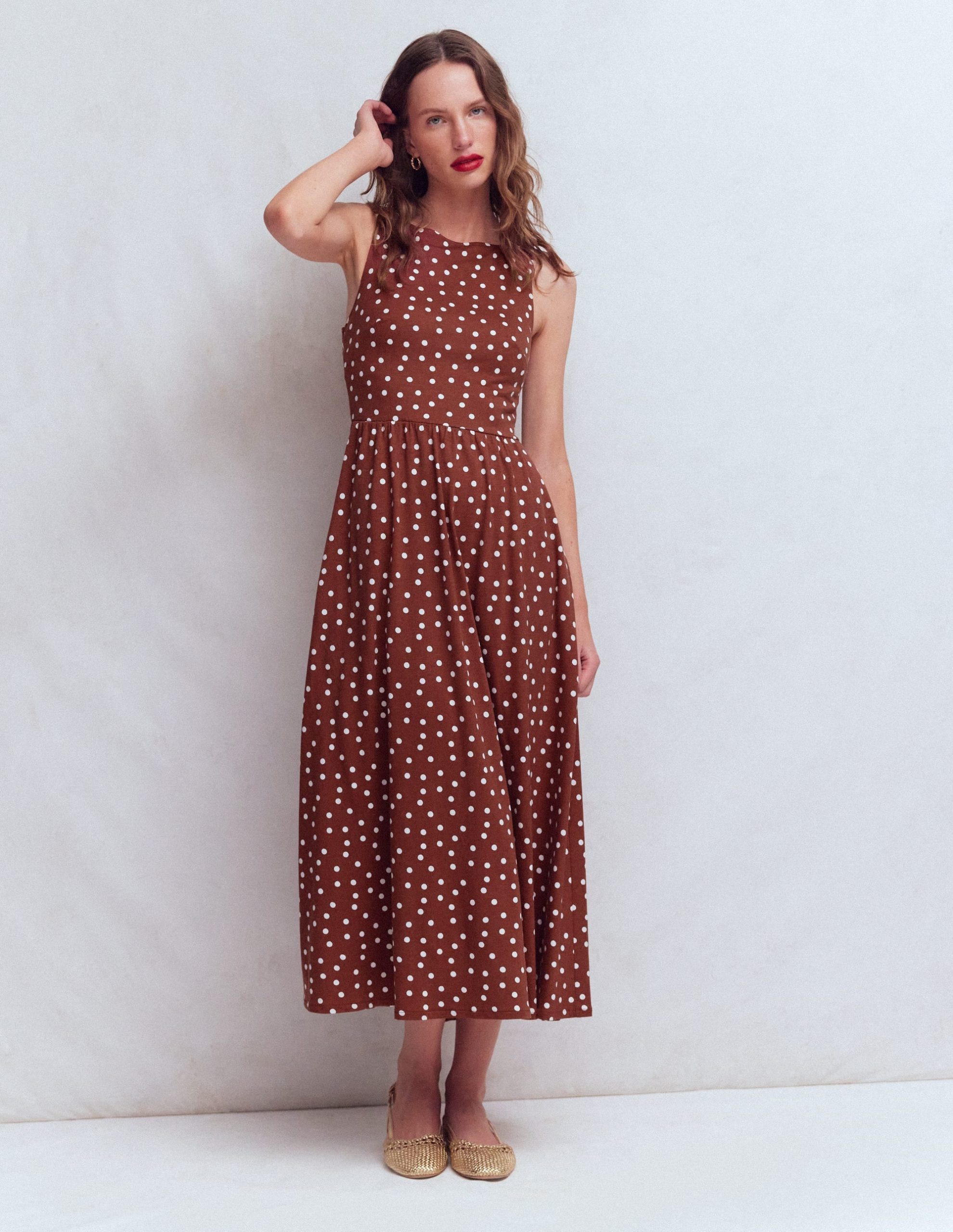 Saoirse Smock Back Dress-Roasted Brown. Painted Dot