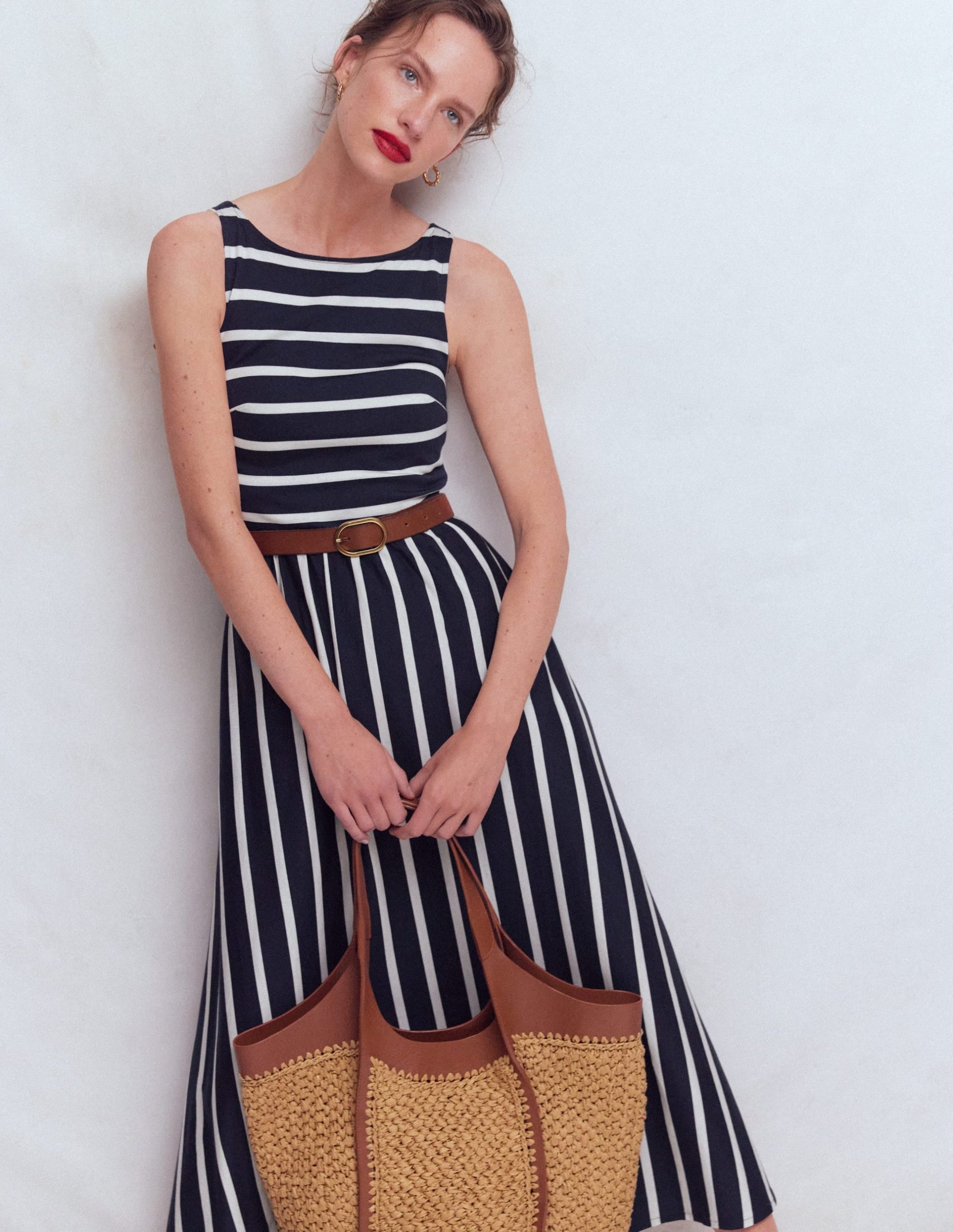 Saoirse Smock Back Dress-Navy. Ivory Stripe - Image 2