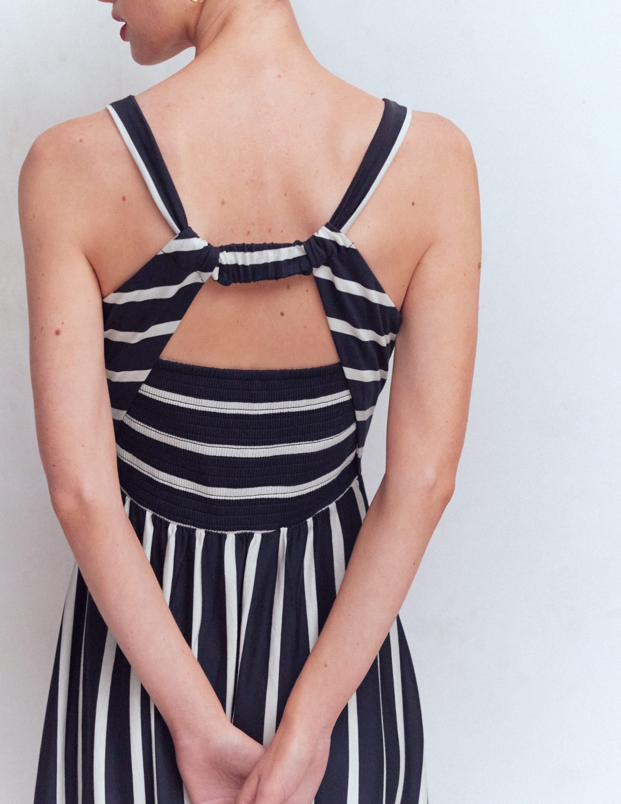 Saoirse Smock Back Dress-Navy. Ivory Stripe - Image 3