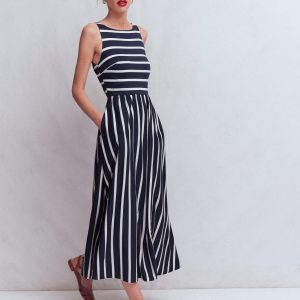 Saoirse Smock Back Dress-Navy. Ivory Stripe