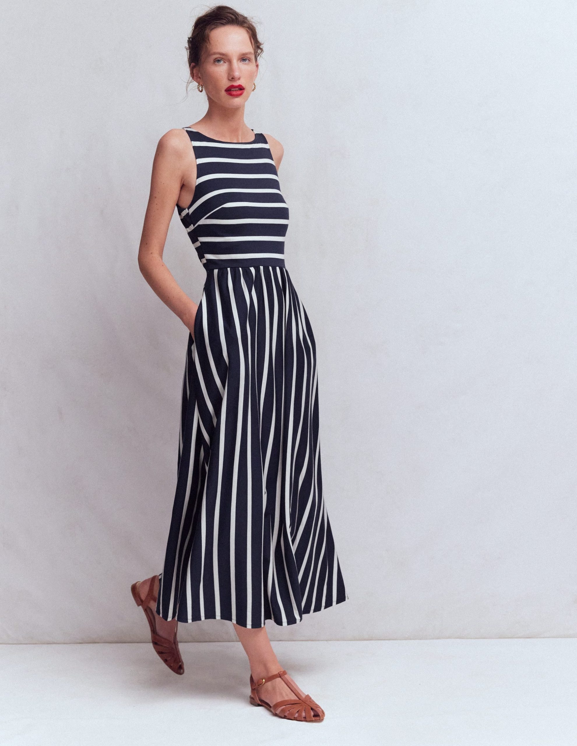Saoirse Smock Back Dress-Navy. Ivory Stripe