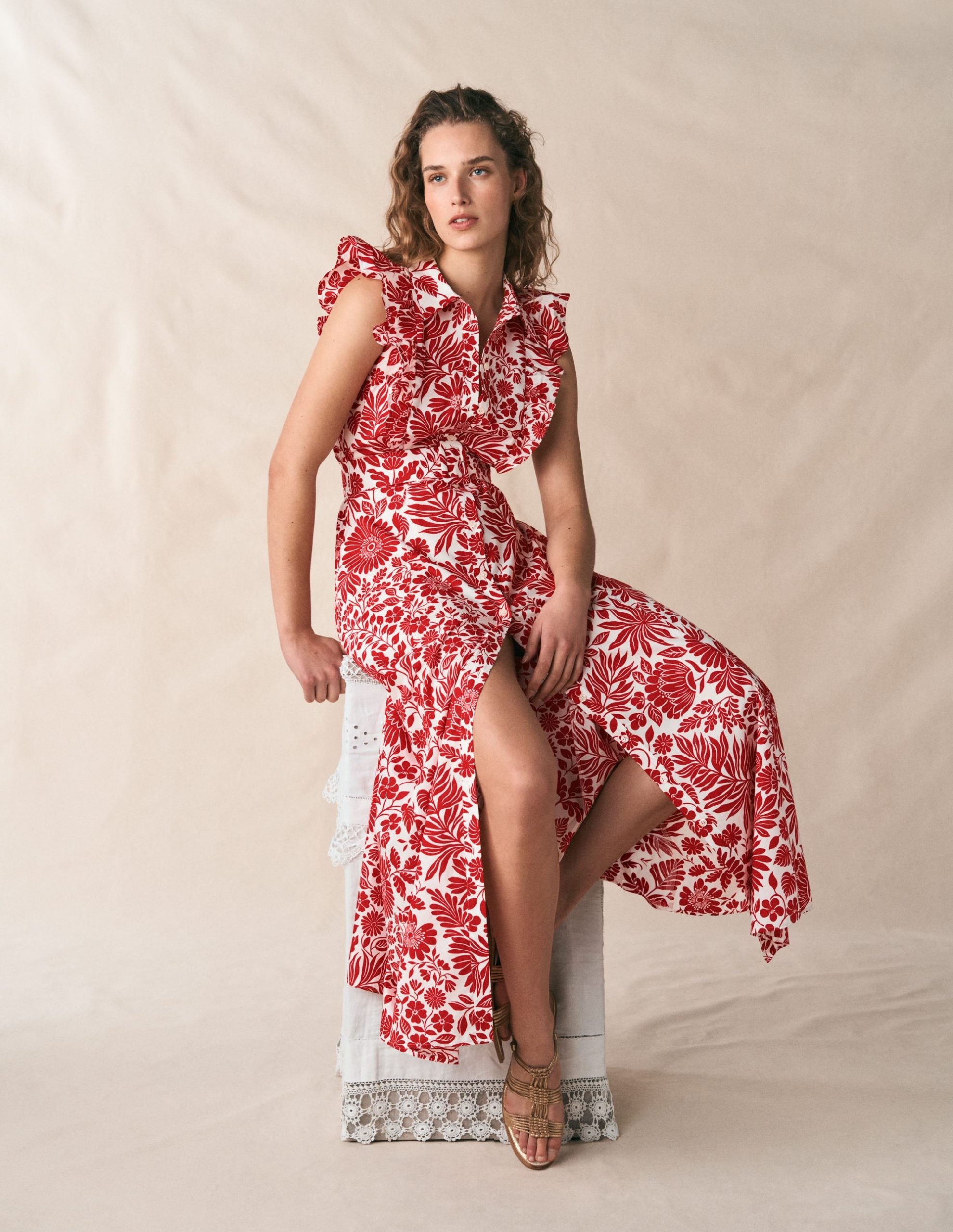 Ruffle Bodice Shirt Dress-Merida Red. Flowerbed Bloom - Image 5