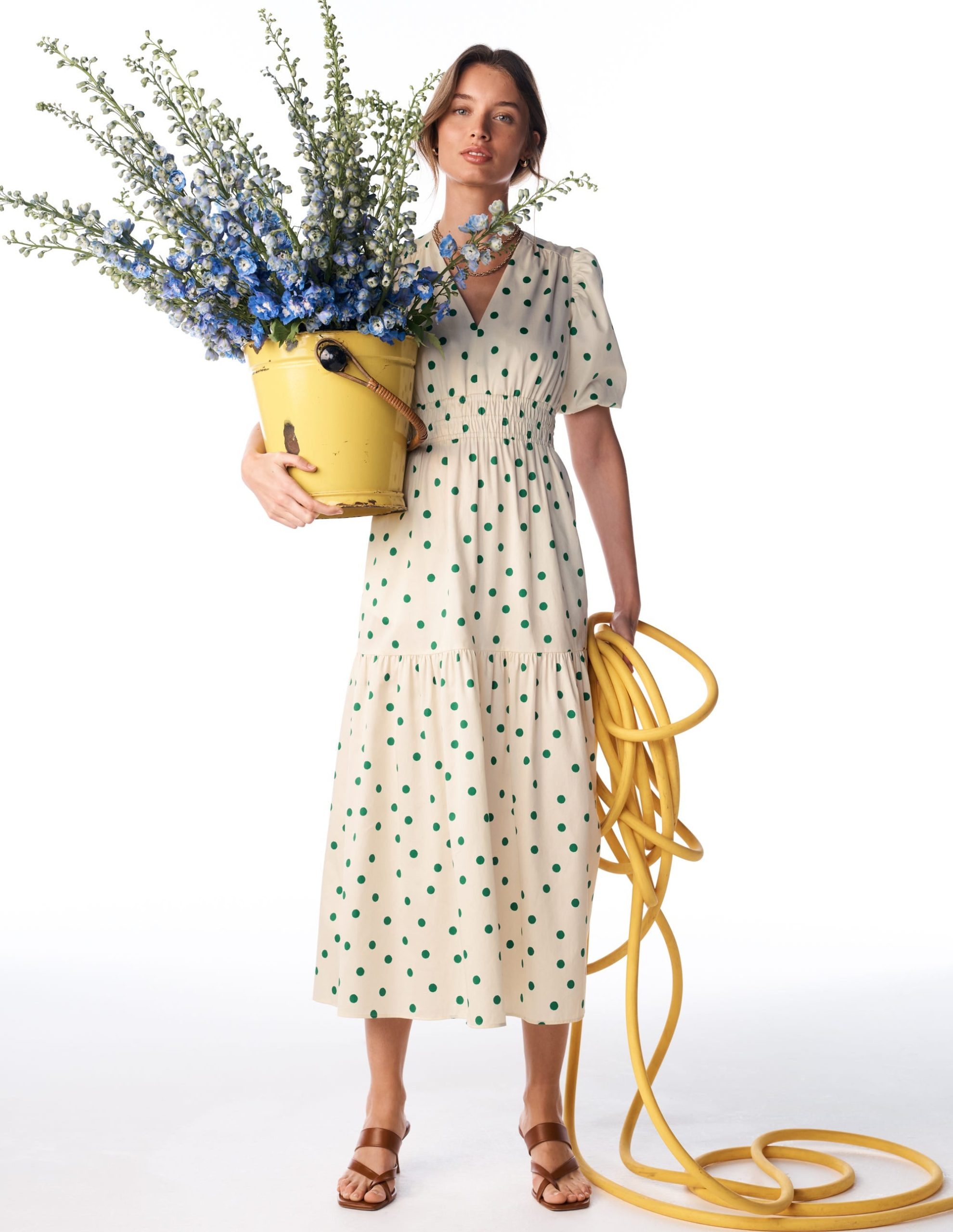 Irene Puff Sleeve Cotton Dress-Papyrus. Painted Dot Spaced