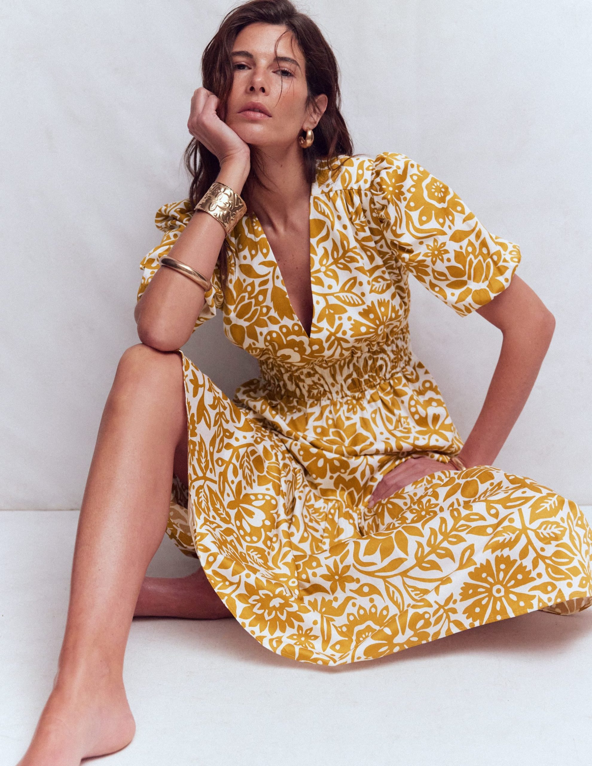 Irene Puff Sleeve Cotton Dress-Gold Wheat. Meadow Scatter - Image 2