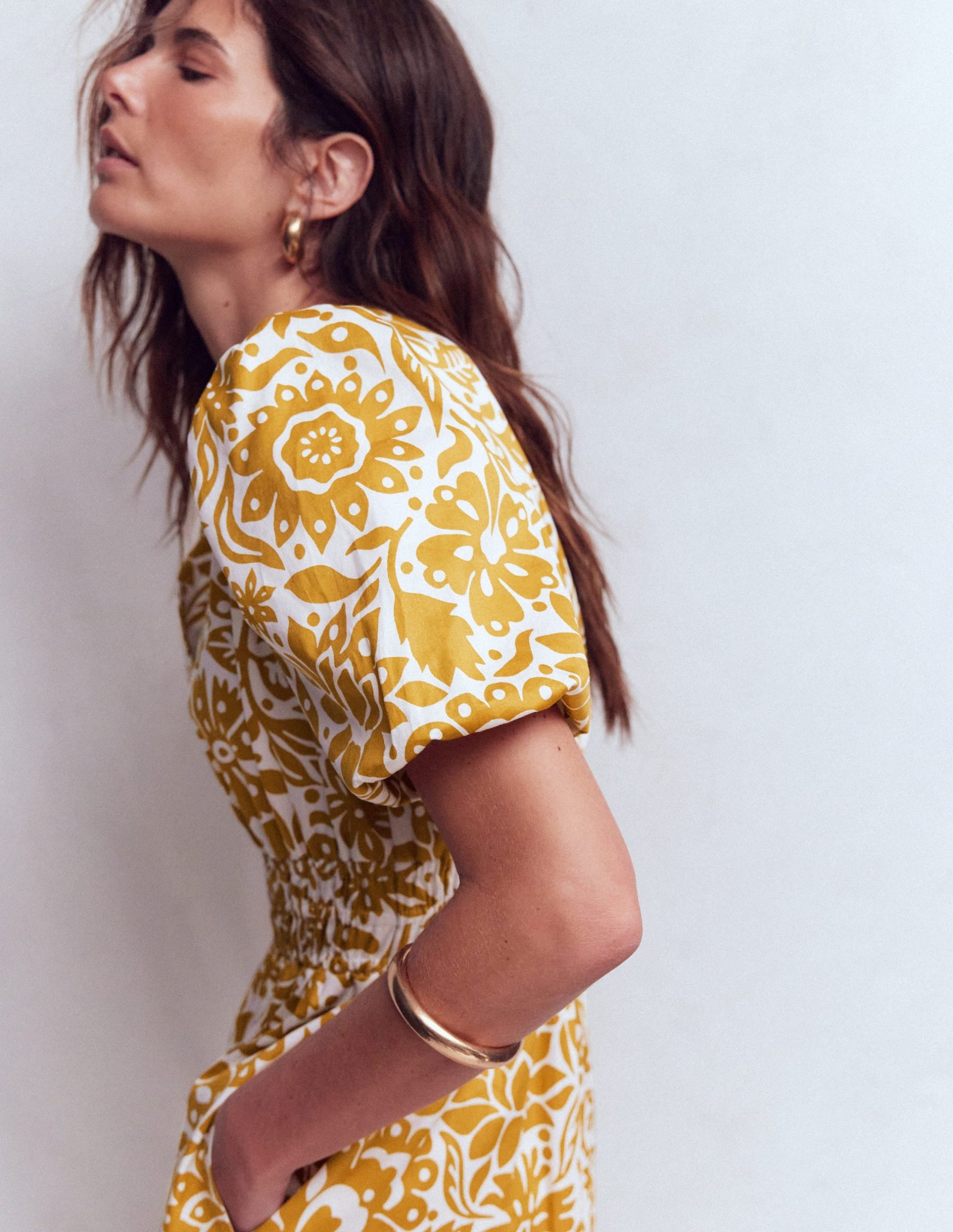 Irene Puff Sleeve Cotton Dress-Gold Wheat. Meadow Scatter - Image 3