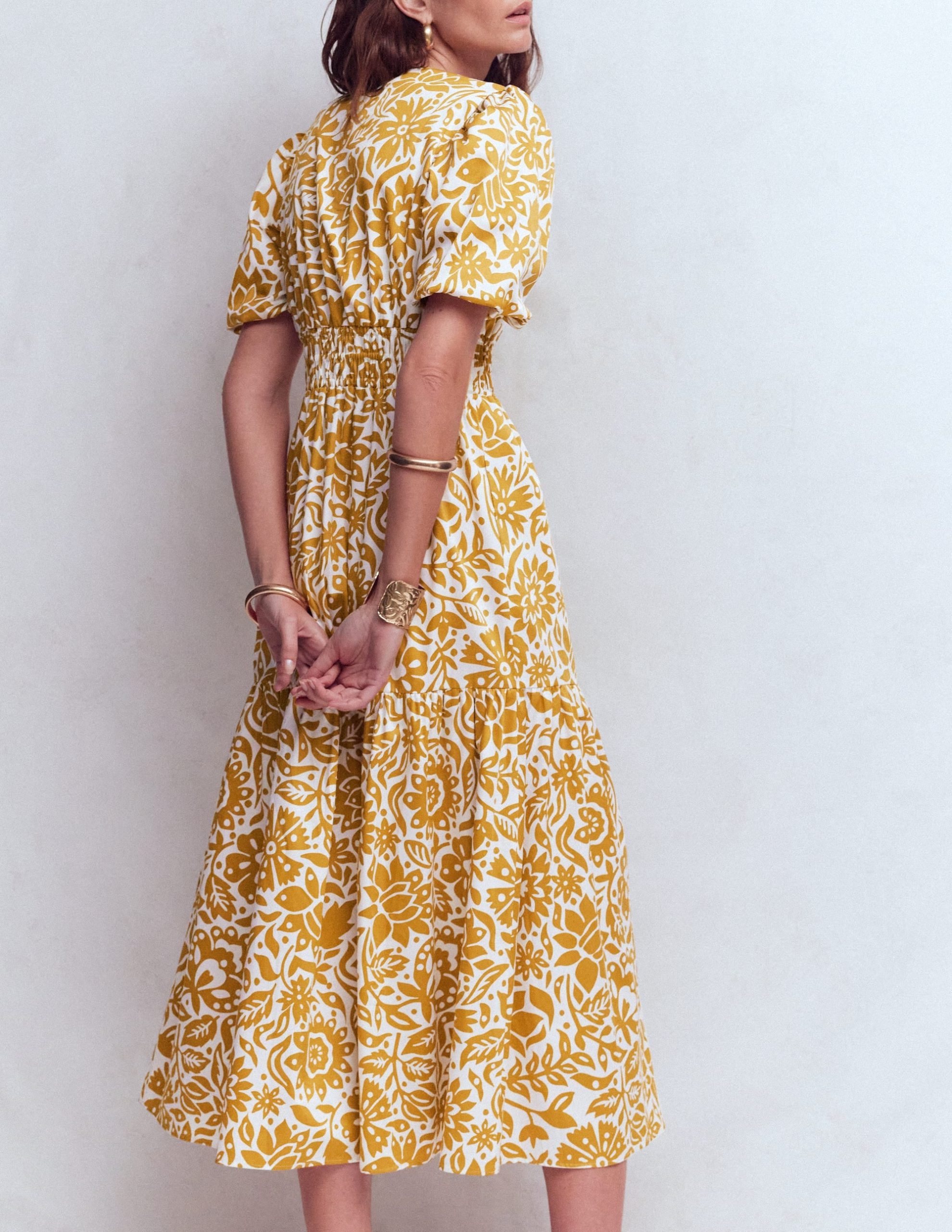 Irene Puff Sleeve Cotton Dress-Gold Wheat. Meadow Scatter - Image 4
