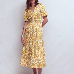 Irene Puff Sleeve Cotton Dress-Gold Wheat. Meadow Scatter