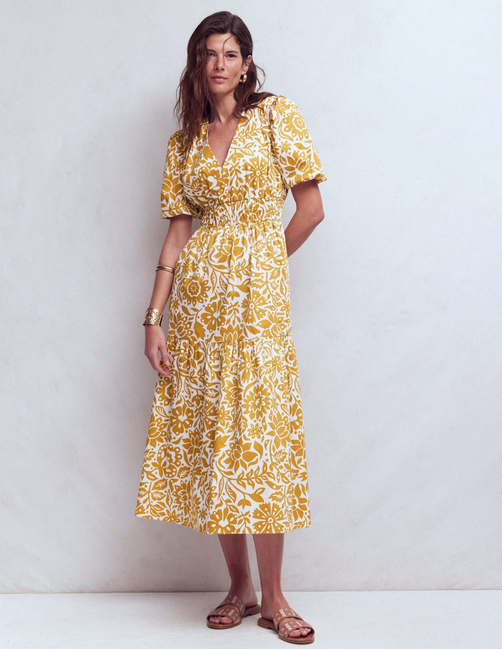 Irene Puff Sleeve Cotton Dress-Gold Wheat. Meadow Scatter