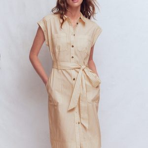 Short Belted Shirt Dress-Brown. Ivory Ticking Stripe