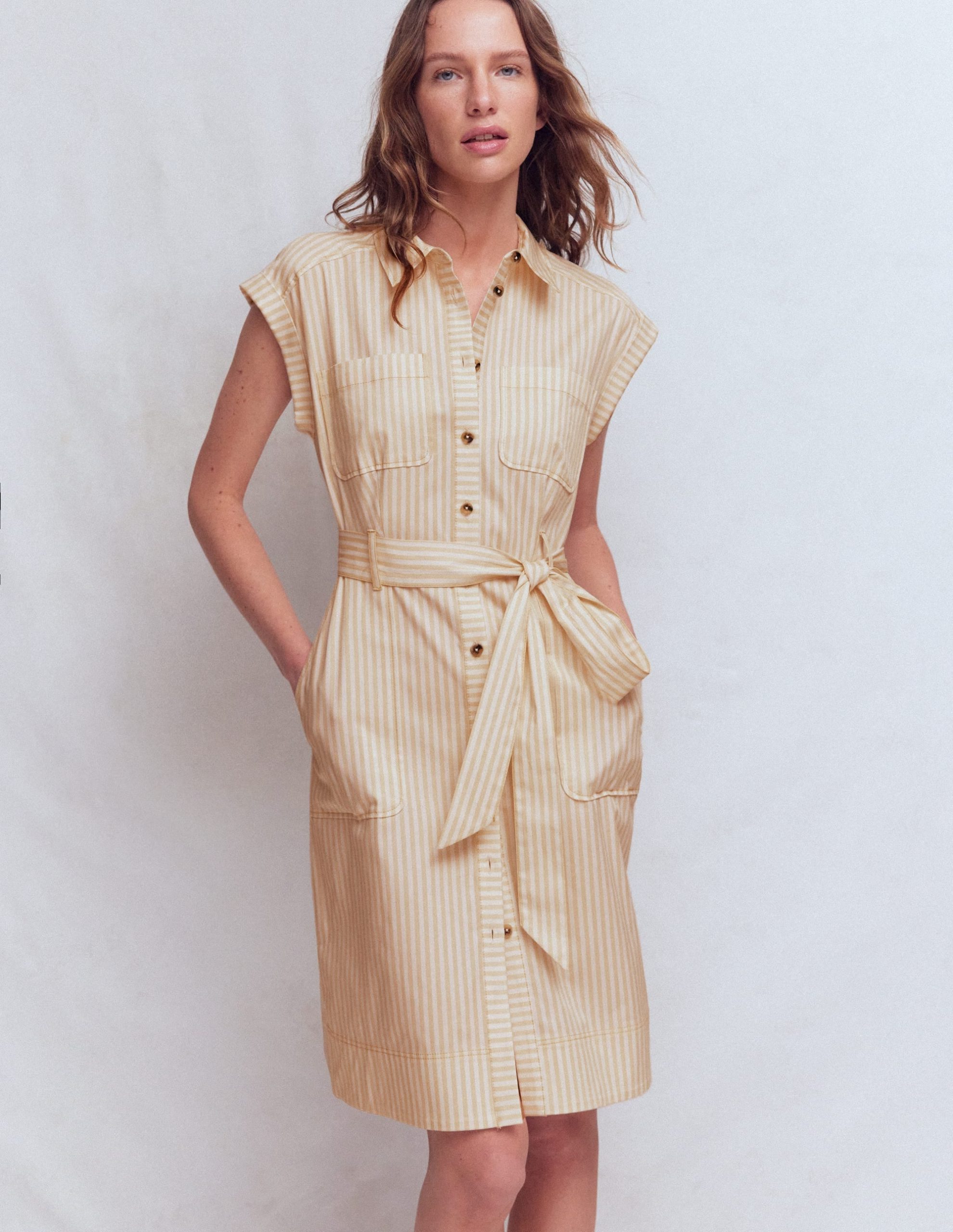 Short Belted Shirt Dress-Brown. Ivory Ticking Stripe