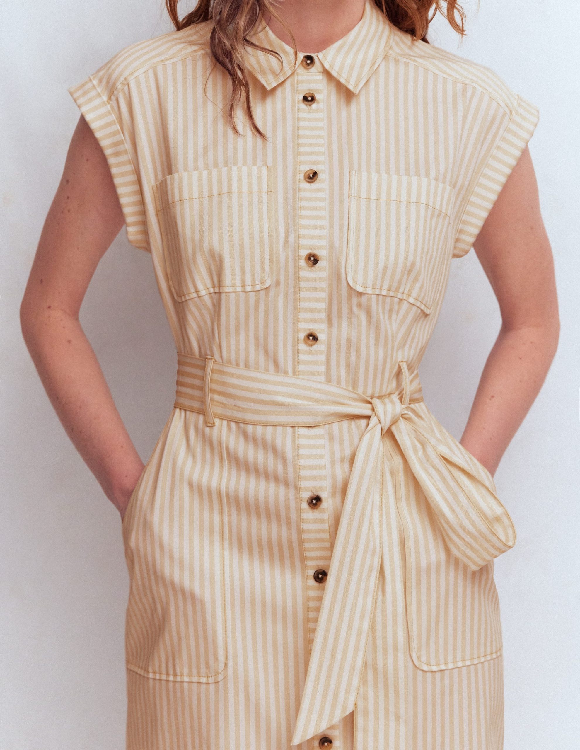 Short Belted Shirt Dress-Brown. Ivory Ticking Stripe - Image 2