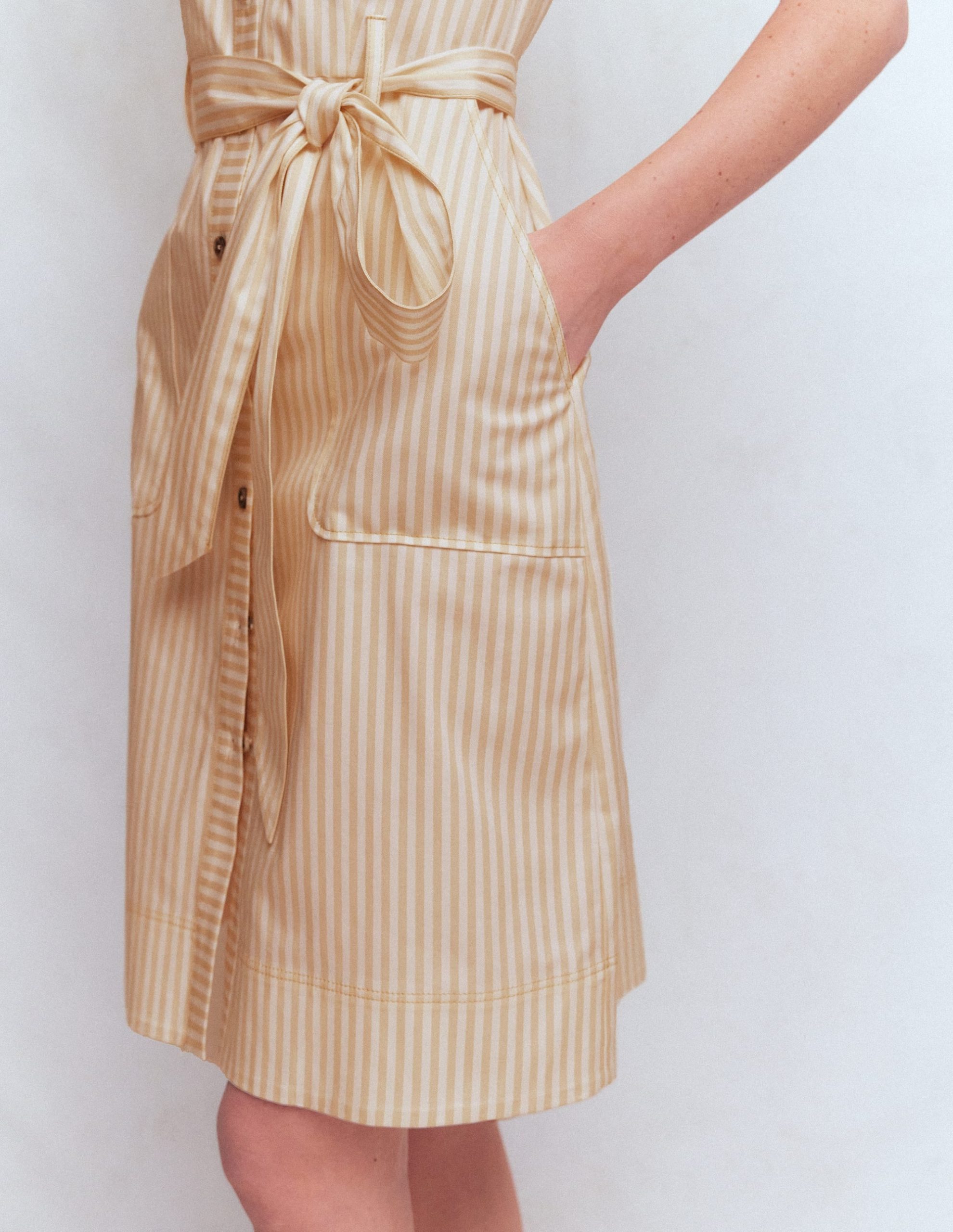 Short Belted Shirt Dress-Brown. Ivory Ticking Stripe - Image 3