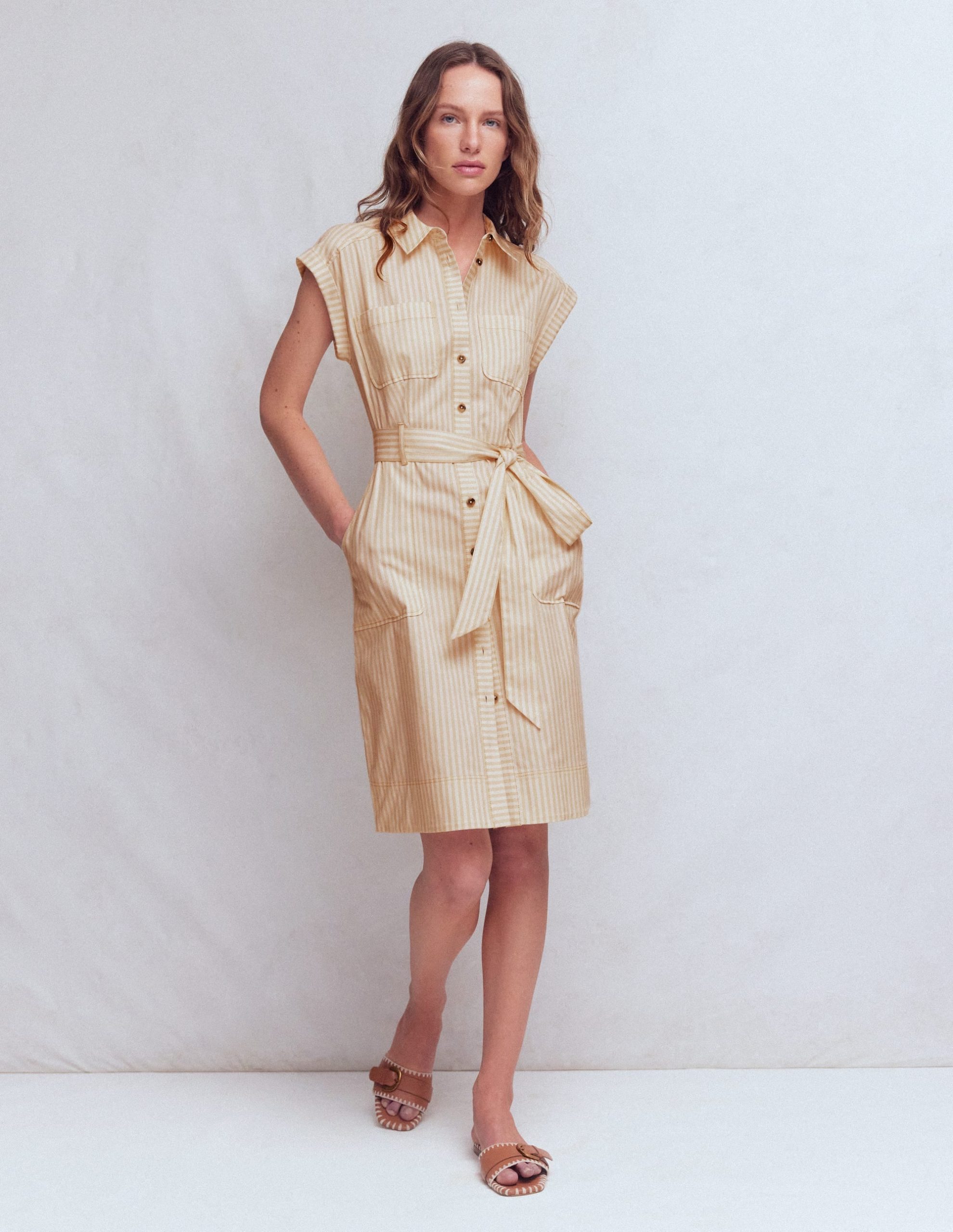 Short Belted Shirt Dress-Brown. Ivory Ticking Stripe - Image 4