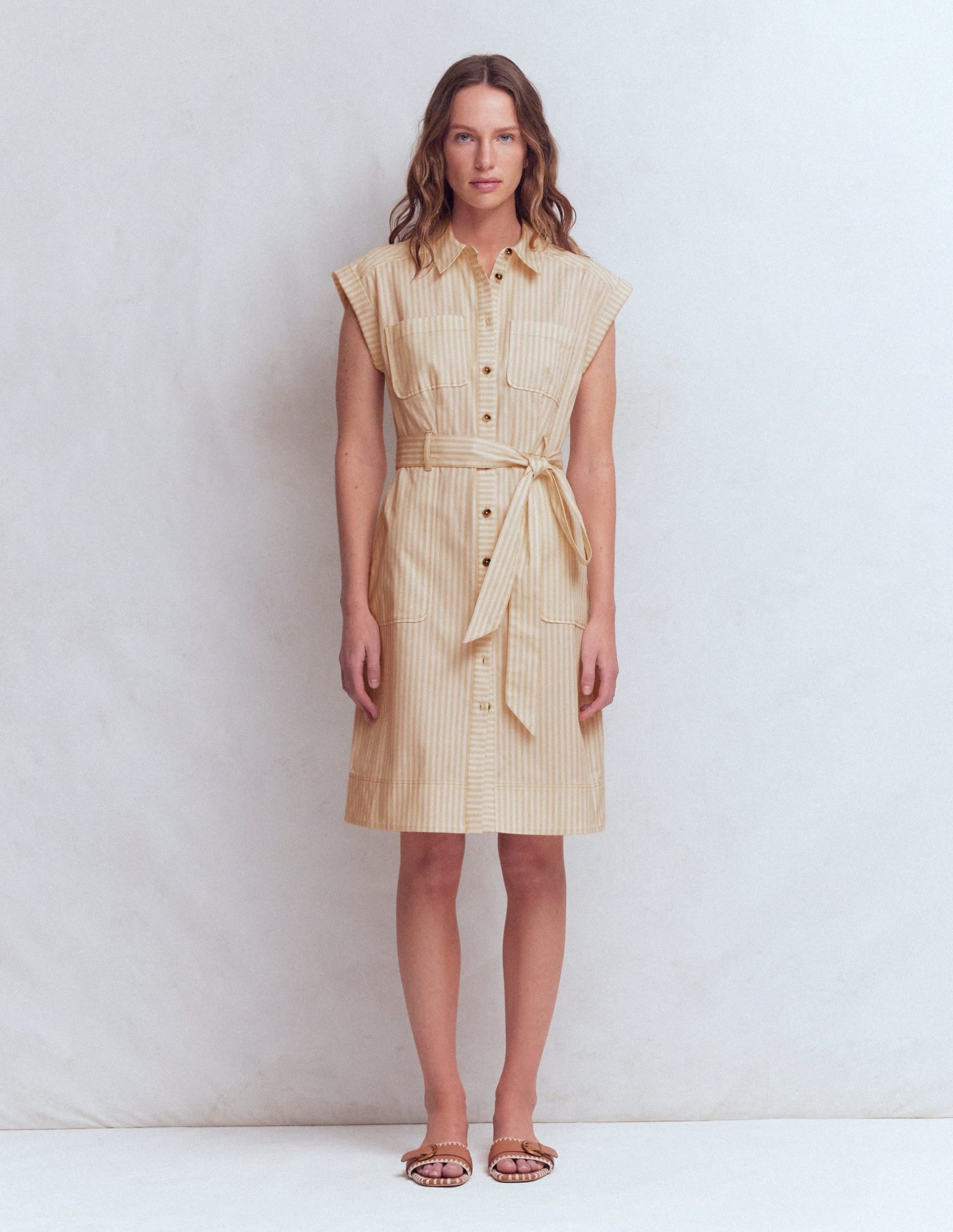 Short Belted Shirt Dress-Brown. Ivory Ticking Stripe - Image 5