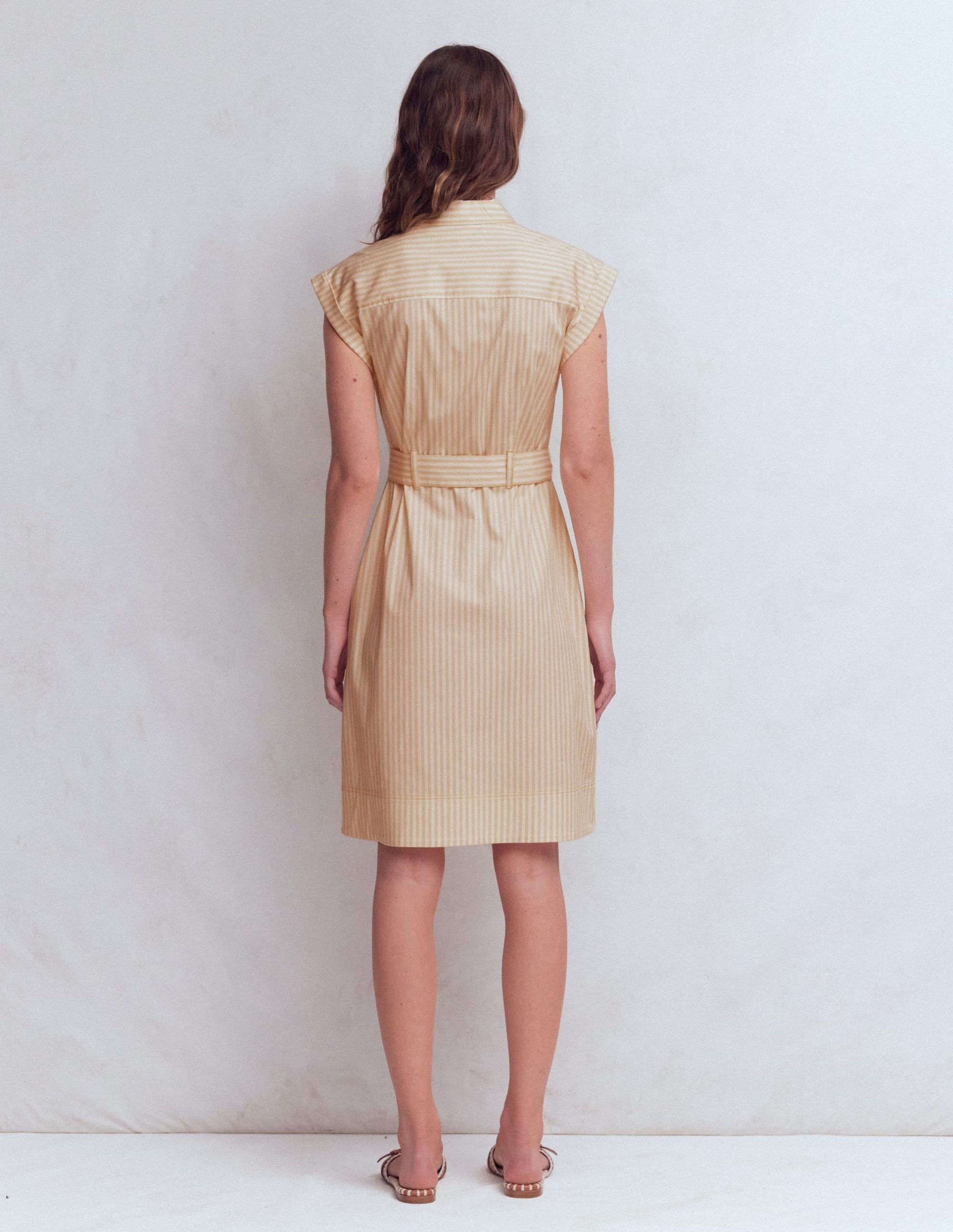 Short Belted Shirt Dress-Brown. Ivory Ticking Stripe - Image 6