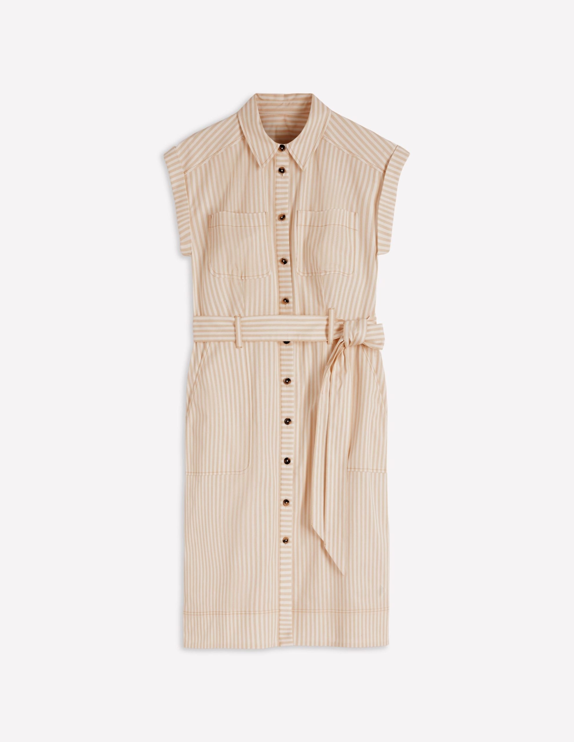 Short Belted Shirt Dress-Brown. Ivory Ticking Stripe - Image 7