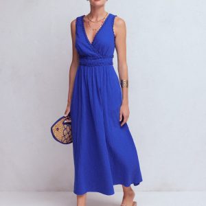 Lorna Trim Double Cloth Dress-Bright Blue