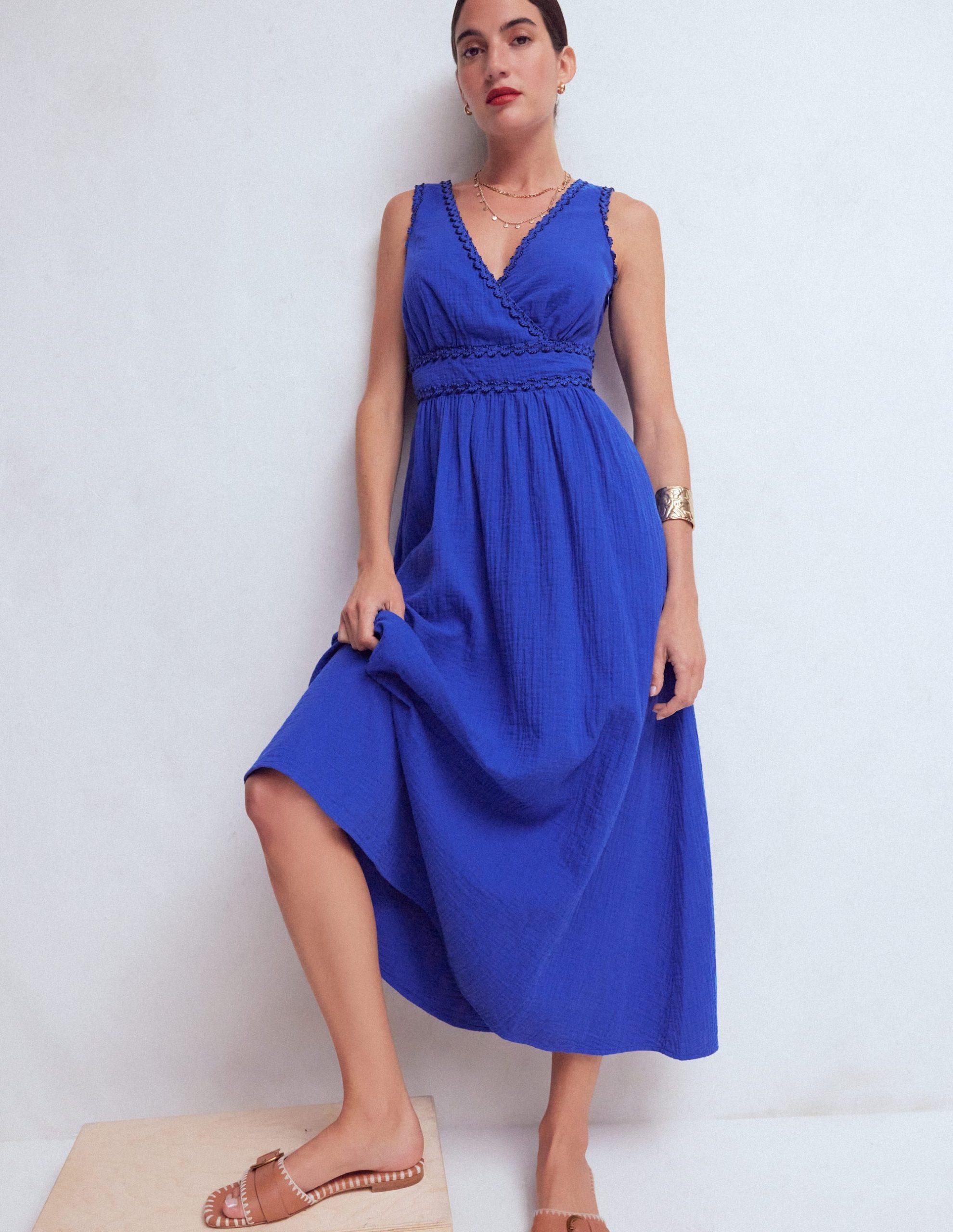 Lorna Trim Double Cloth Dress-Bright Blue - Image 4