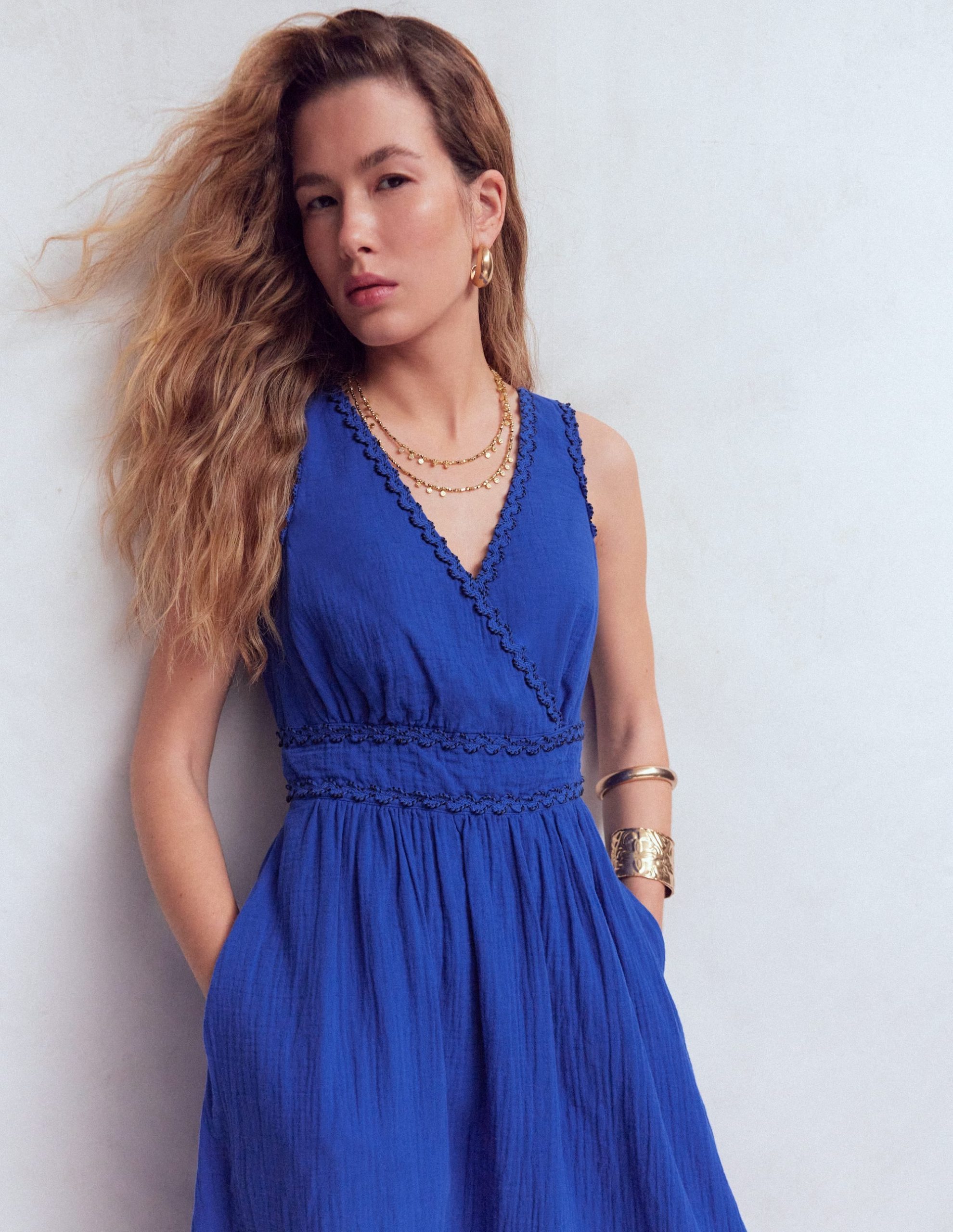 Lorna Trim Double Cloth Dress-Bright Blue - Image 5