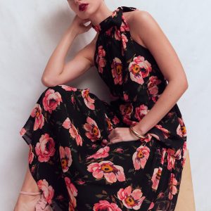 Roisin Tie Neck Maxi Dress-Black Whimsical Roses