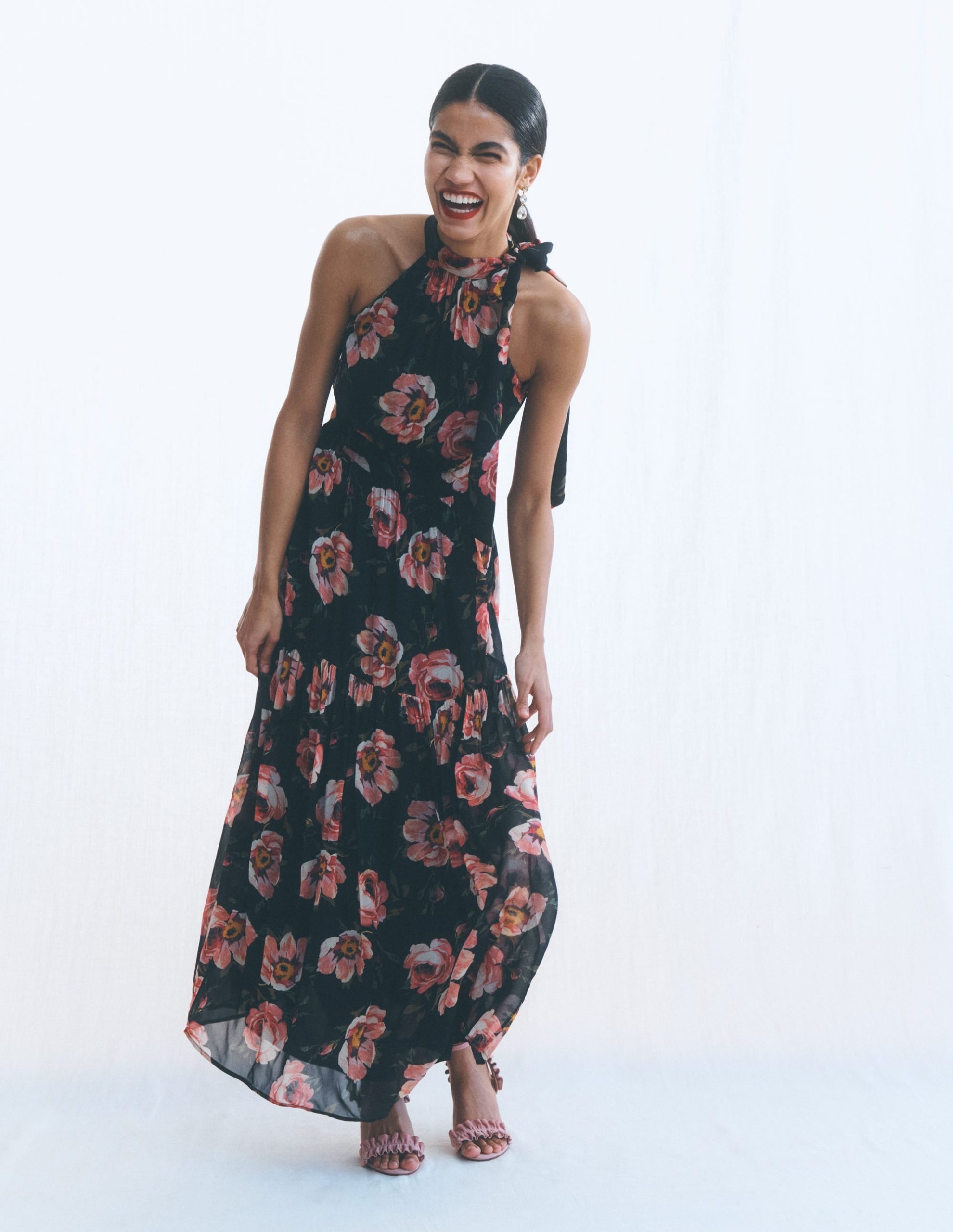 Roisin Tie Neck Maxi Dress-Black Whimsical Roses - Image 7