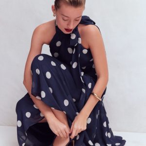 Roisin Tie Neck Maxi Dress-Navy Painted Dot Spaced