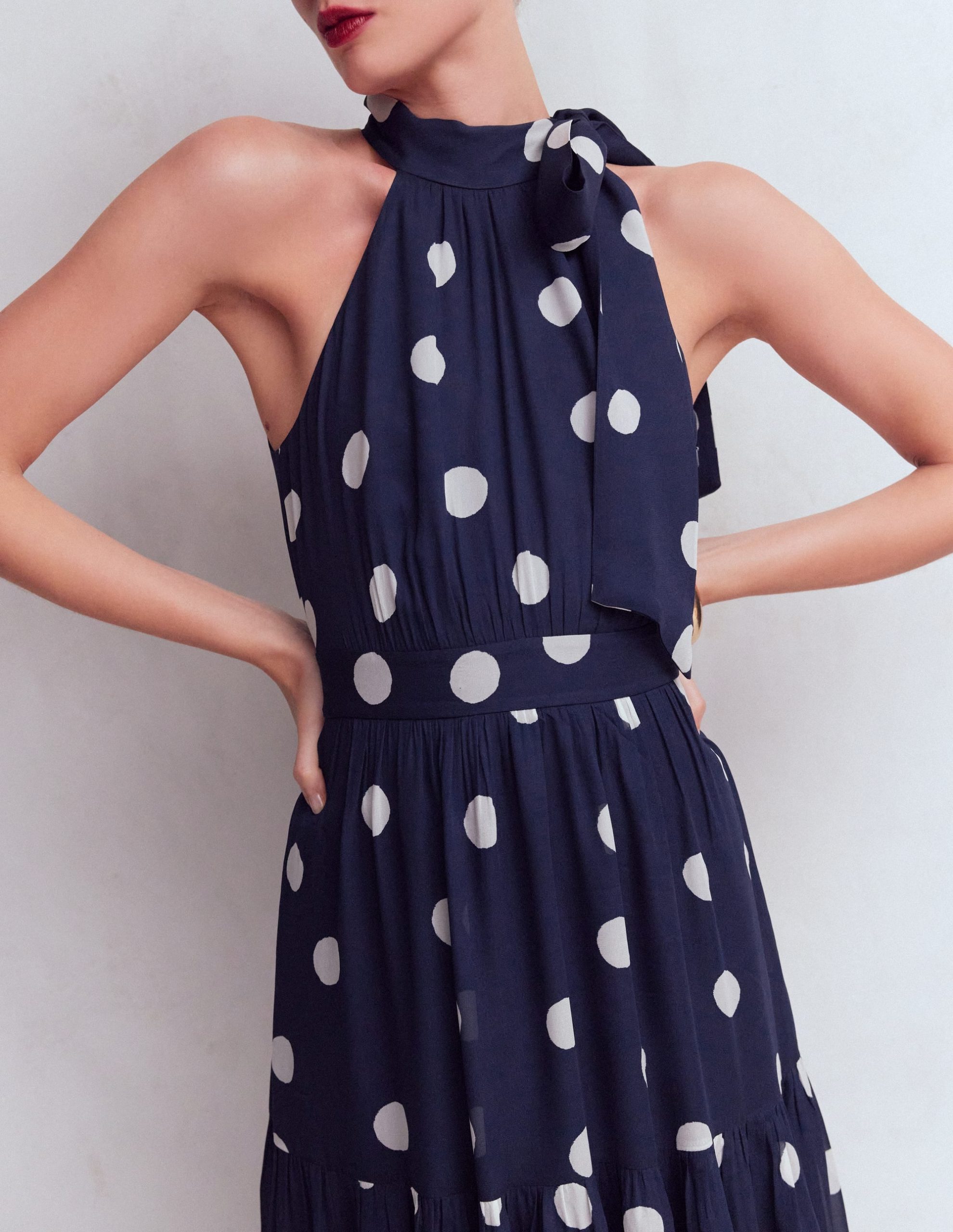 Roisin Tie Neck Maxi Dress-Navy Painted Dot Spaced - Image 4
